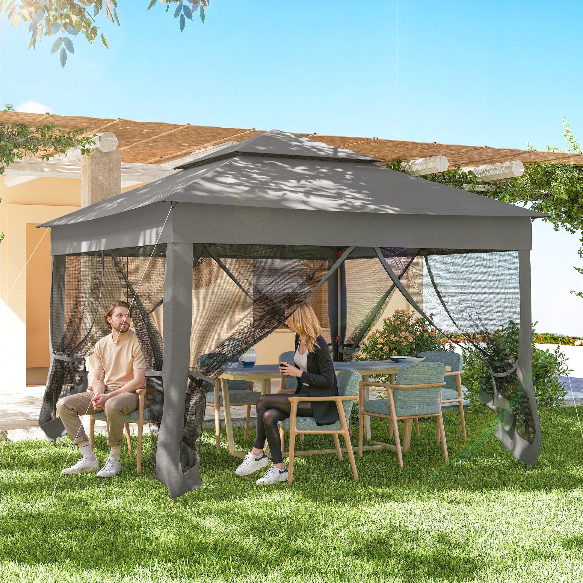 11' x 11' Pop Up Canopy, Outdoor Canopy Shelter Event Tent with 2-Tier Soft Top, Removable Zipper Netting and Storage Bag, for Patio, Backyard, Garden, Camping, Dark Grey