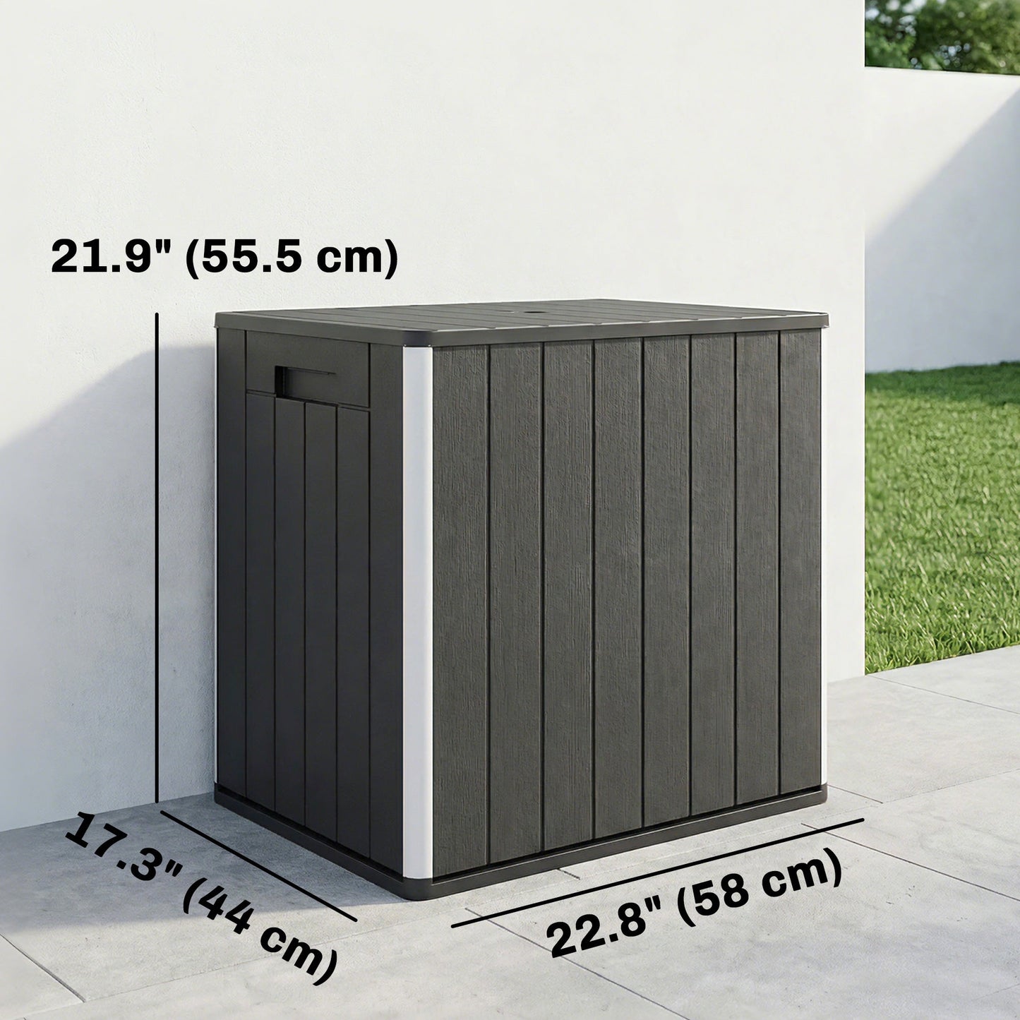 30 Gallon Outdoor Storage Box, Outdoor Side Table with Umbrella Holder, HDPE Deck Box Garden Storage Container for Balcony, Porch, Poolside