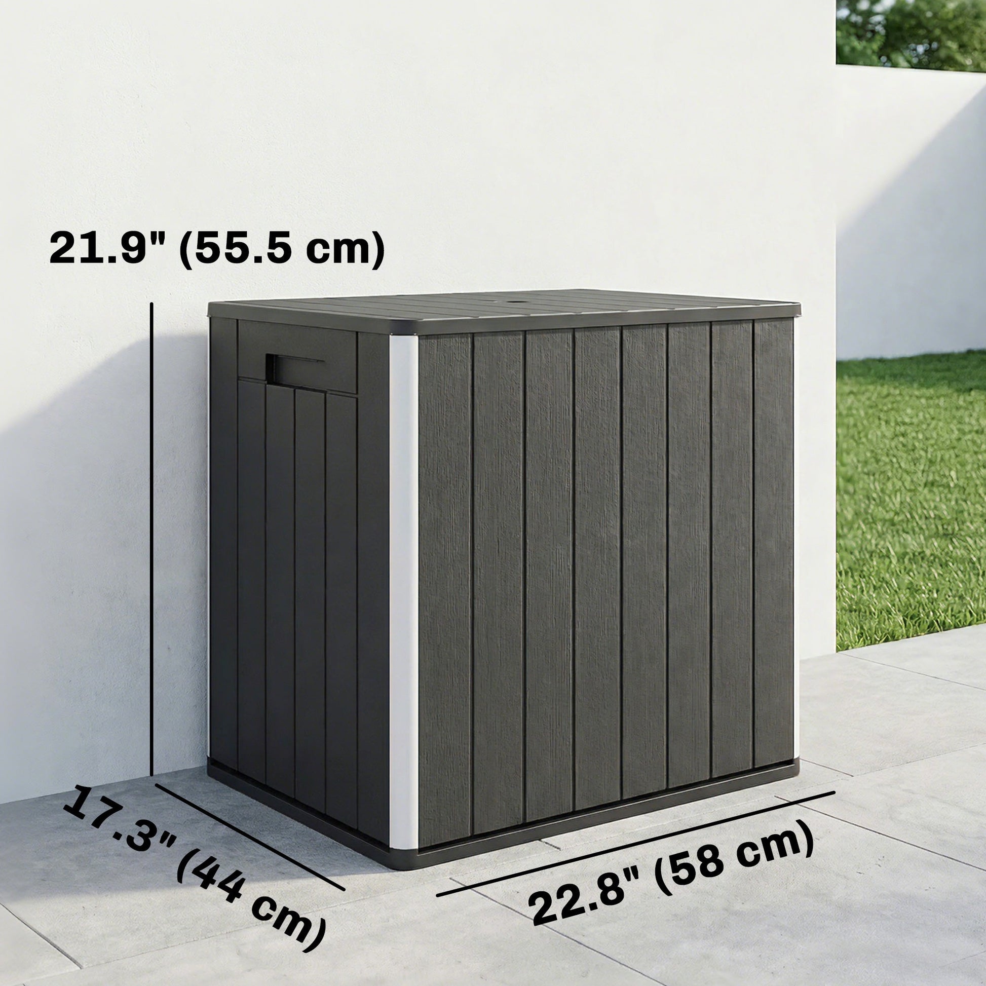 30 Gallon Outdoor Storage Box, Outdoor Side Table with Umbrella Holder, HDPE Deck Box Garden Storage Container for Balcony, Porch, Poolside