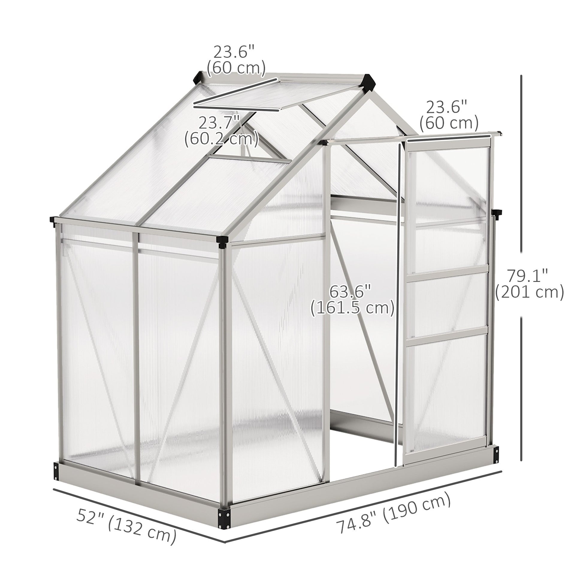 6' x 4' x 6.6' Polycarbonate Greenhouse, Walk-In Green House Kit Garden, Plants Grow, Galvanized Sheet Aluminum Frame with Rain Gutter, Vent and Sliding Door, Silver