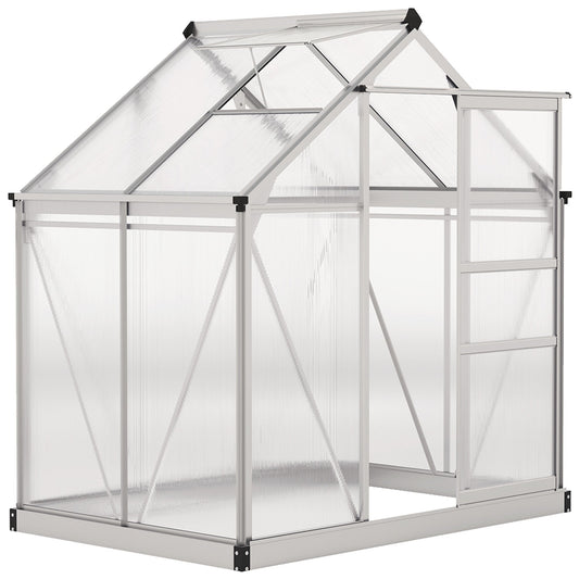 6' x 4' x 6.6' Polycarbonate Greenhouse, Walk-In Green House Kit Garden, Plants Grow, Galvanized Sheet Aluminum Frame with Rain Gutter, Vent and Sliding Door, Silver