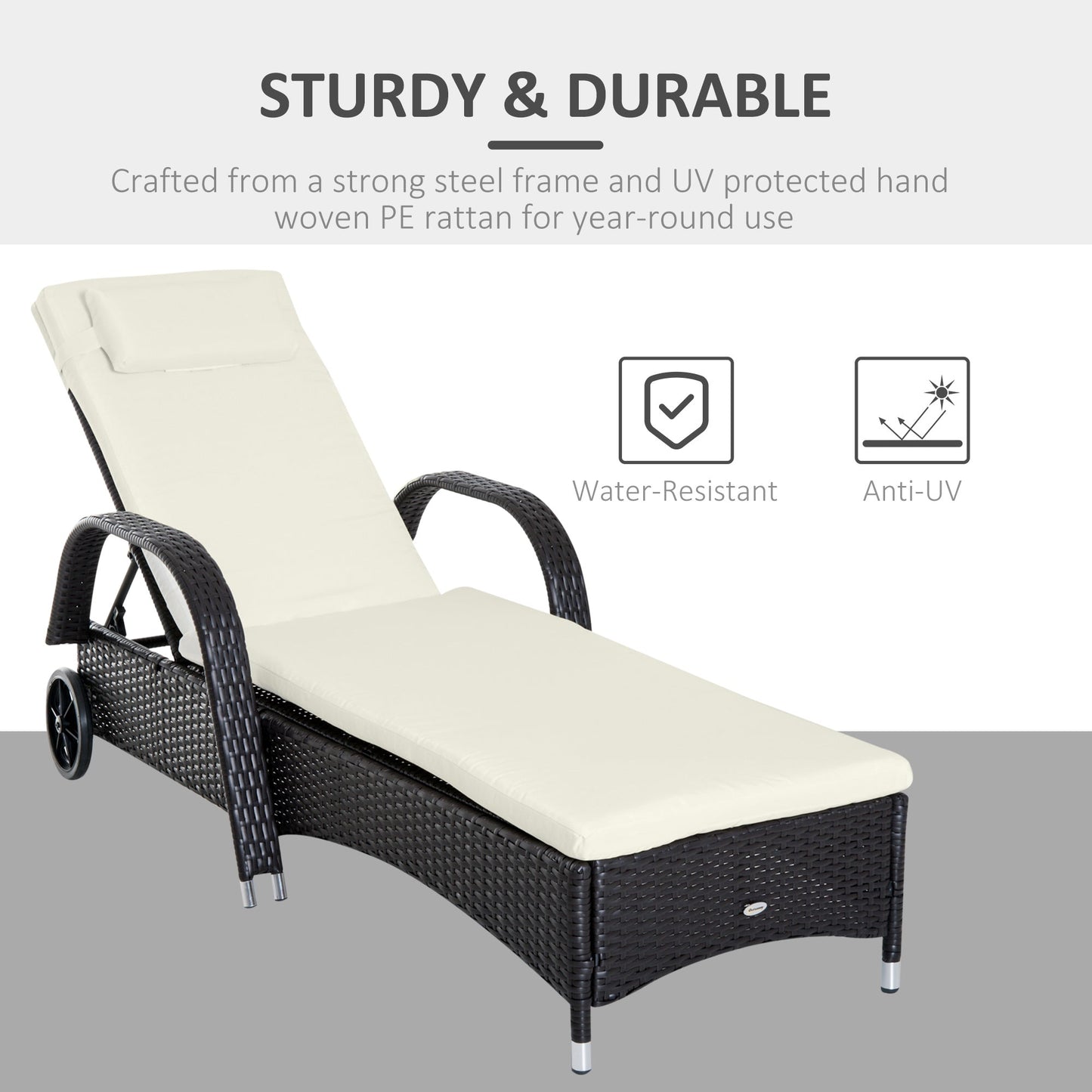 Wicker Chaise Lounge, Outdoor Lounge Chair, PE Rattan Patio Sun lounger with Head-rest, 5-Level Height Adjust Backrest, Cushion & Wheels, Deep Coffee and Cream White