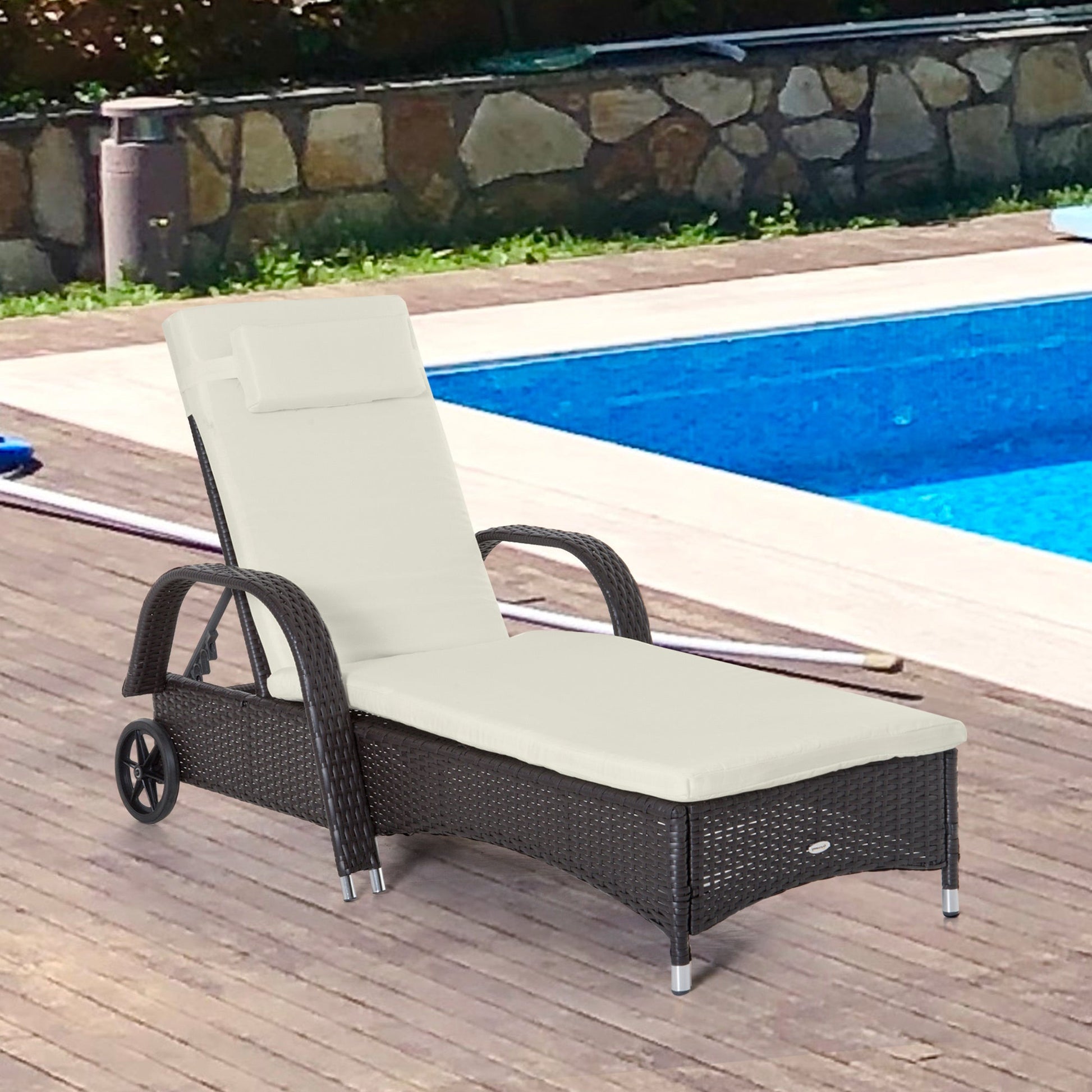 Wicker Chaise Lounge, Outdoor Lounge Chair, PE Rattan Patio Sun lounger with Head-rest, 5-Level Height Adjust Backrest, Cushion & Wheels, Deep Coffee and Cream White