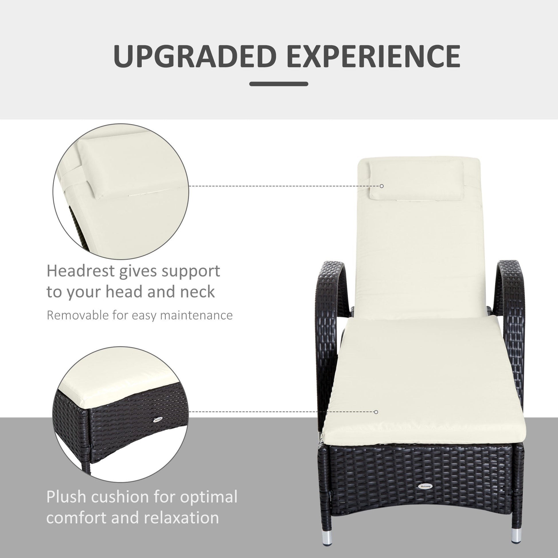 Wicker Chaise Lounge, Outdoor Lounge Chair, PE Rattan Patio Sun lounger with Head-rest, 5-Level Height Adjust Backrest, Cushion & Wheels, Deep Coffee and Cream White