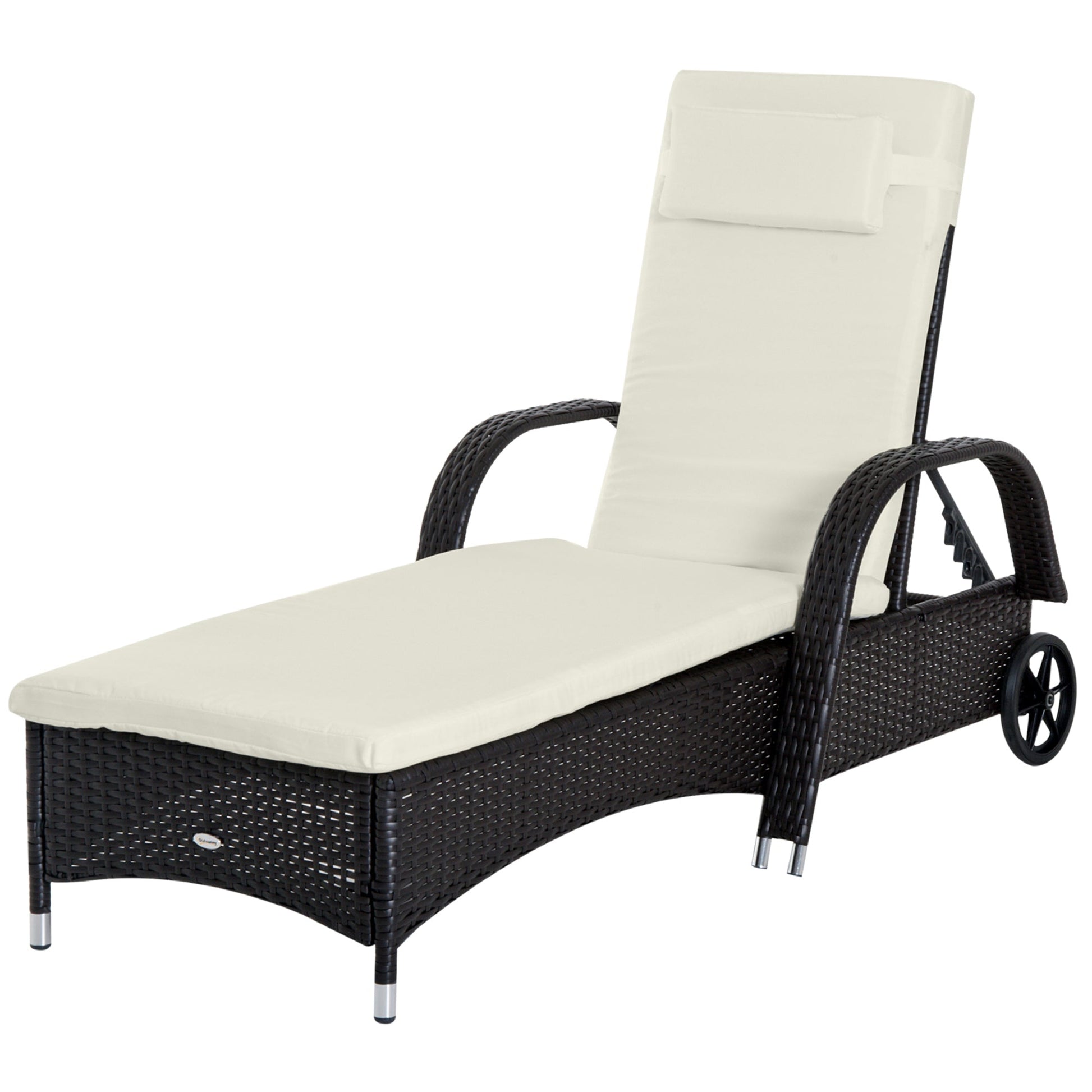 Wicker Chaise Lounge, Outdoor Lounge Chair, PE Rattan Patio Sun lounger with Head-rest, 5-Level Height Adjust Backrest, Cushion & Wheels, Deep Coffee and Cream White