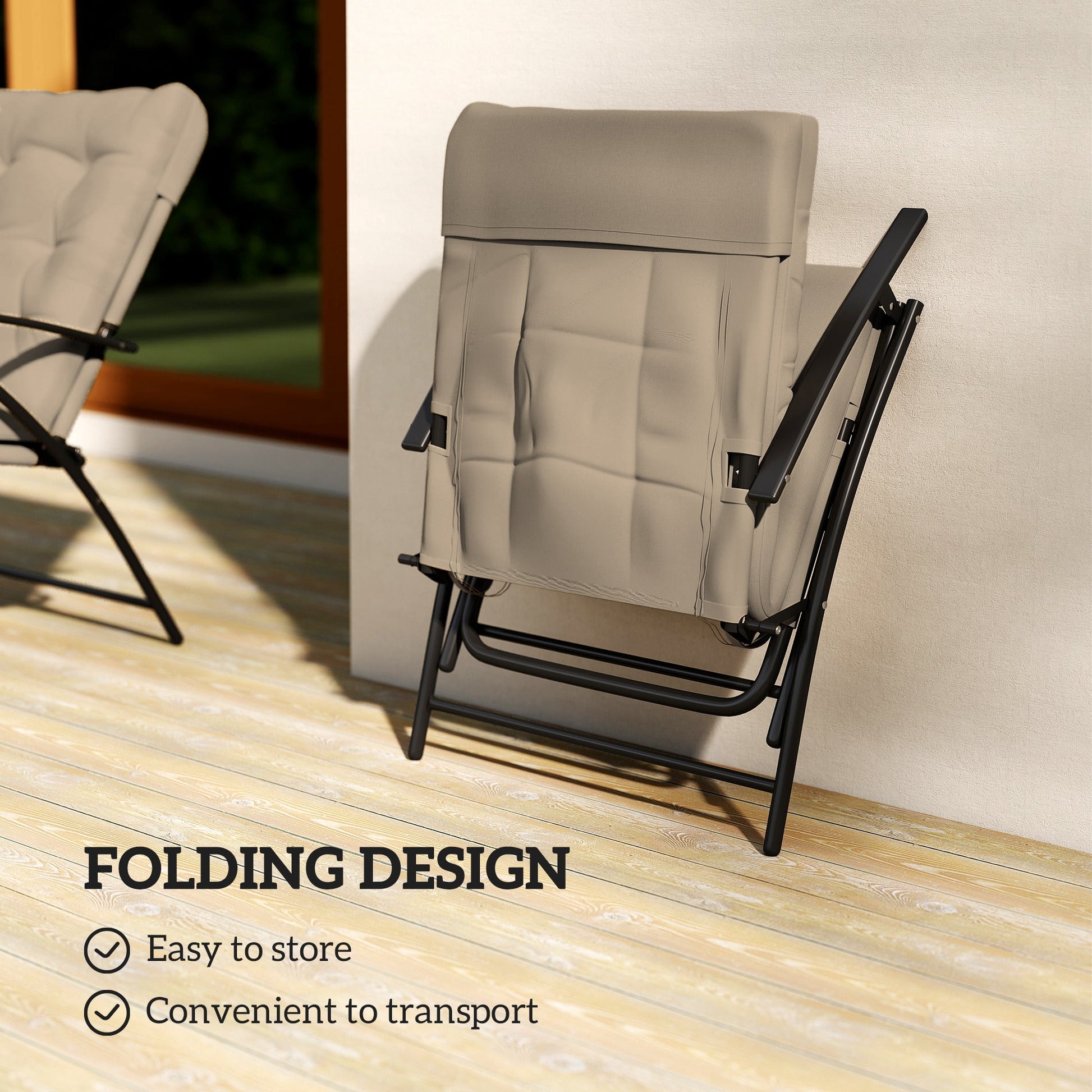 Set of 2 Outdoor Dining Chairs, Folding Patio Chair with Adjustable Backrest, Padded Folding Chairs for Outdoor Events, Khaki