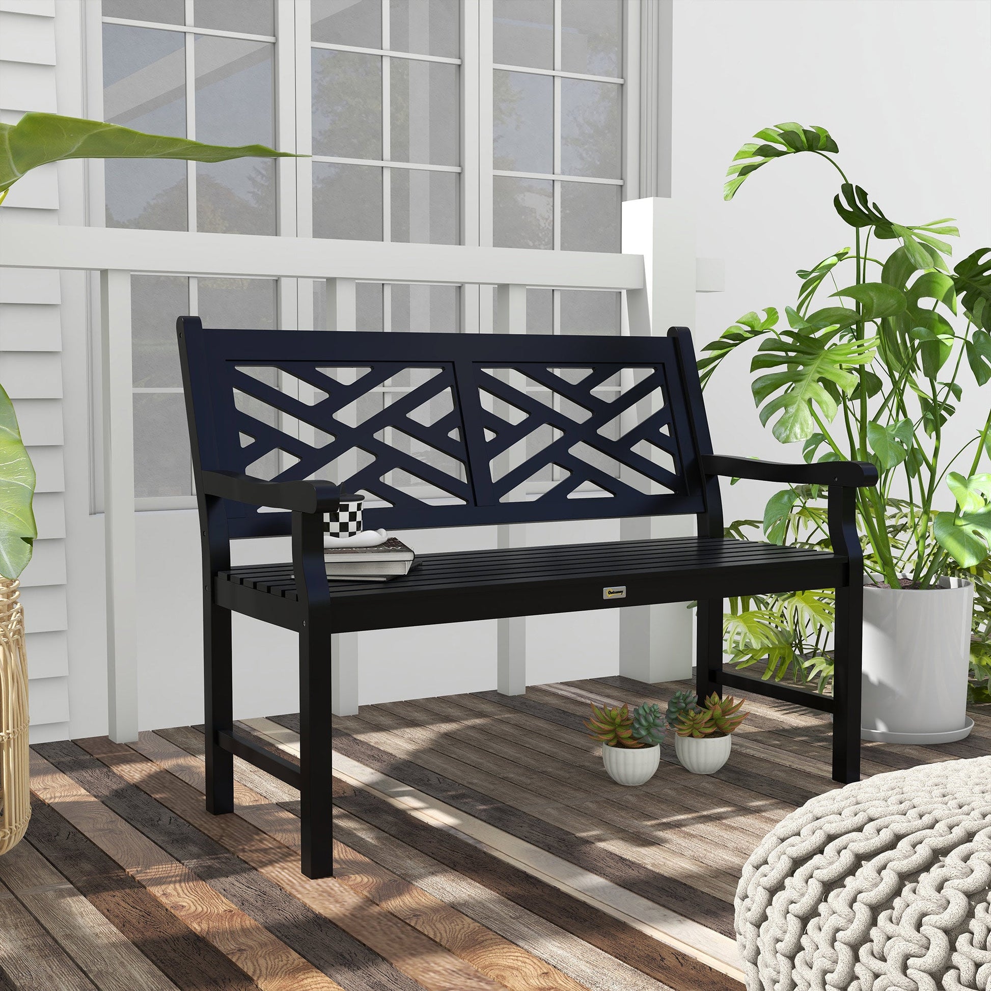 46" Outdoor Bench, Wooden Patio Loveseat with Slatted Frame and Armrests, 2 Seater Garden Bench for Park, Porch, Lawn, Yard, Deck, Black