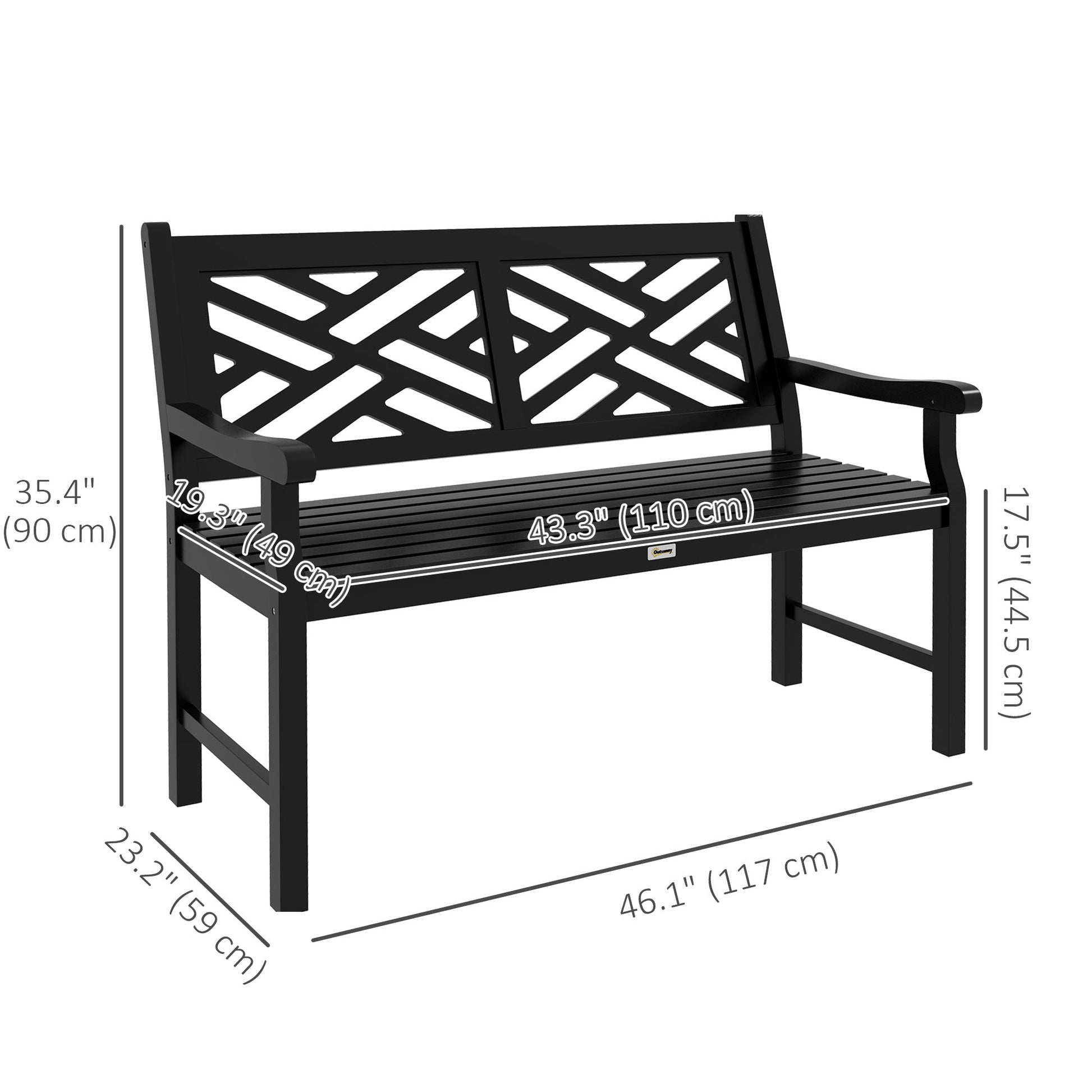 46" Outdoor Bench, Wooden Patio Loveseat with Slatted Frame and Armrests, 2 Seater Garden Bench for Park, Porch, Lawn, Yard, Deck, Black