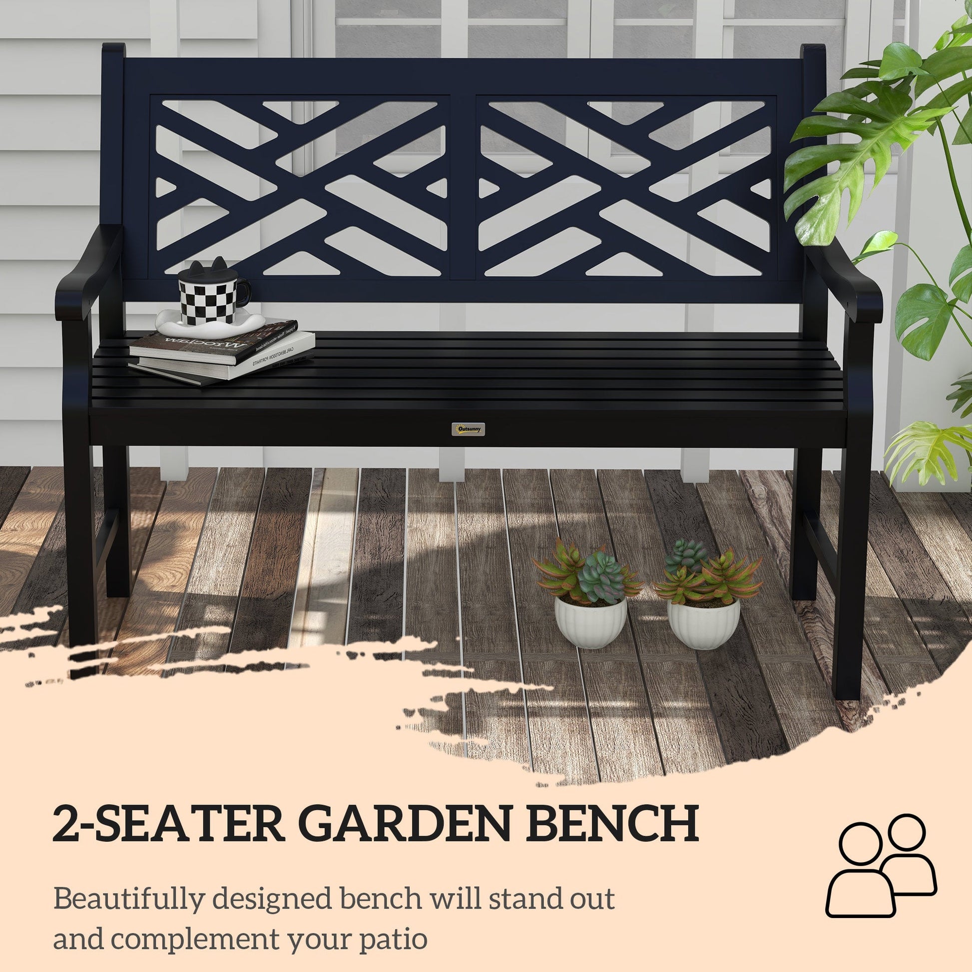 46" Outdoor Bench, Wooden Patio Loveseat with Slatted Frame and Armrests, 2 Seater Garden Bench for Park, Porch, Lawn, Yard, Deck, Black