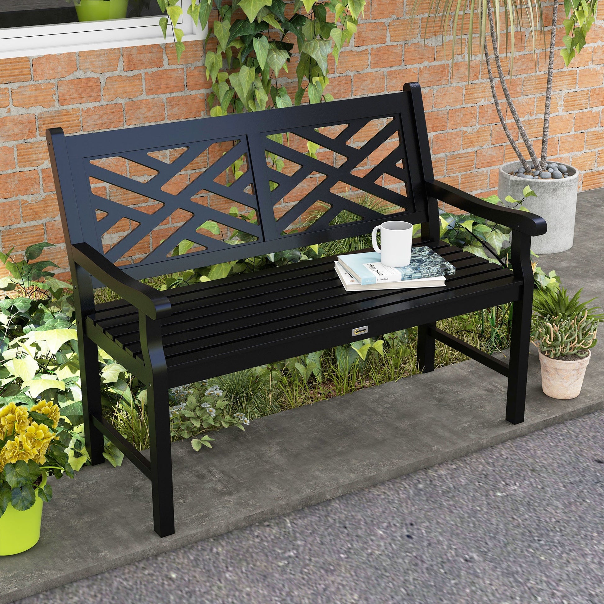 46" Outdoor Bench, Wooden Patio Loveseat with Slatted Frame and Armrests, 2 Seater Garden Bench for Park, Porch, Lawn, Yard, Deck, Black