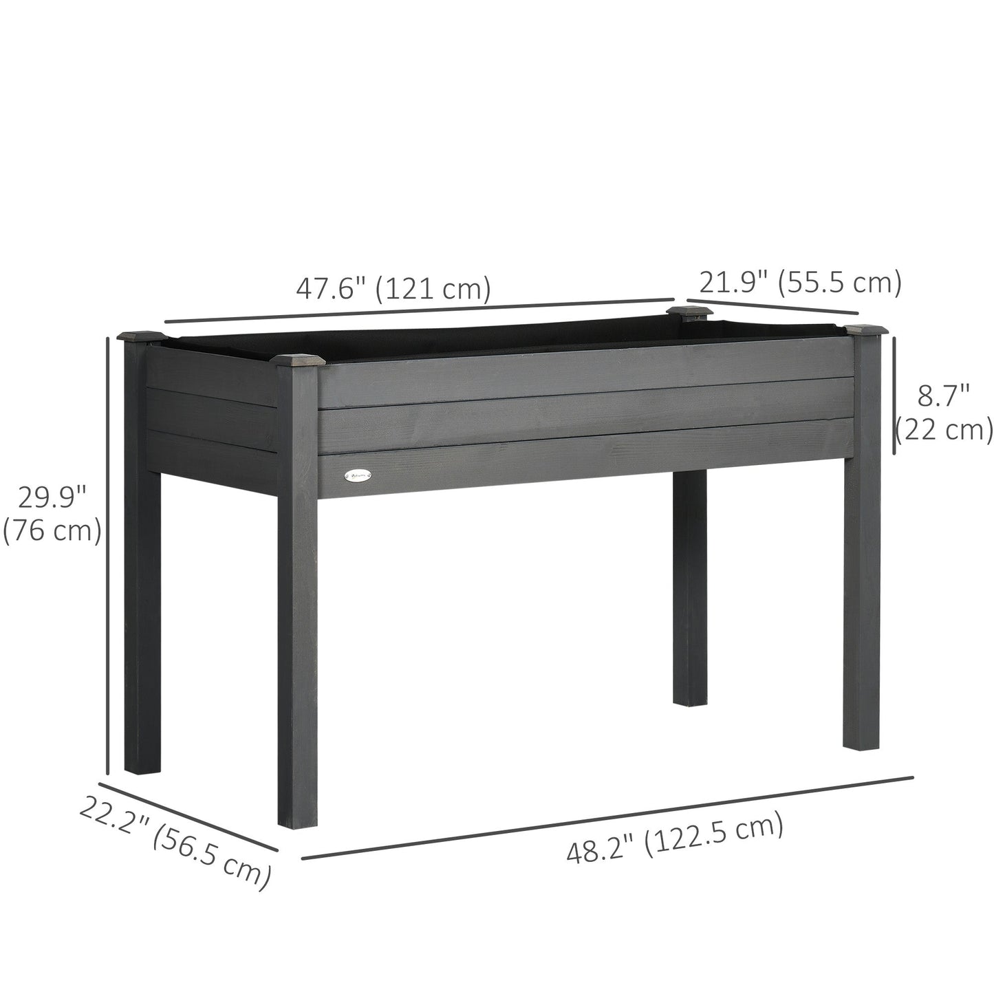 48" x 22" x 30" Wooden Patio Raised Garden Bed Planter, Elevated Planter Box with Legs, Outdoor Flower Stand with Inner Bag, Dark Grey