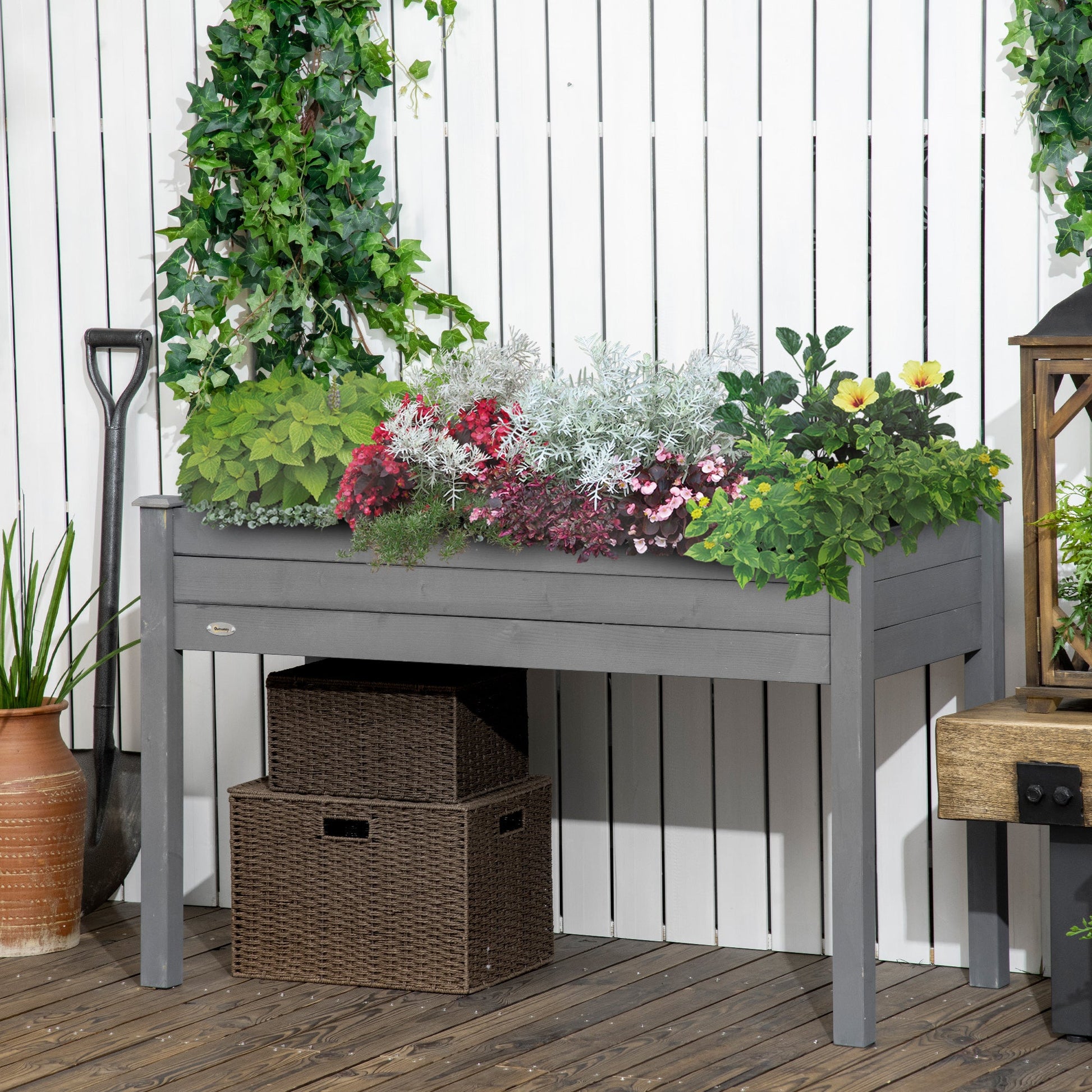 48" x 22" x 30" Wooden Patio Raised Garden Bed Planter, Elevated Planter Box with Legs, Outdoor Flower Stand with Inner Bag, Dark Grey