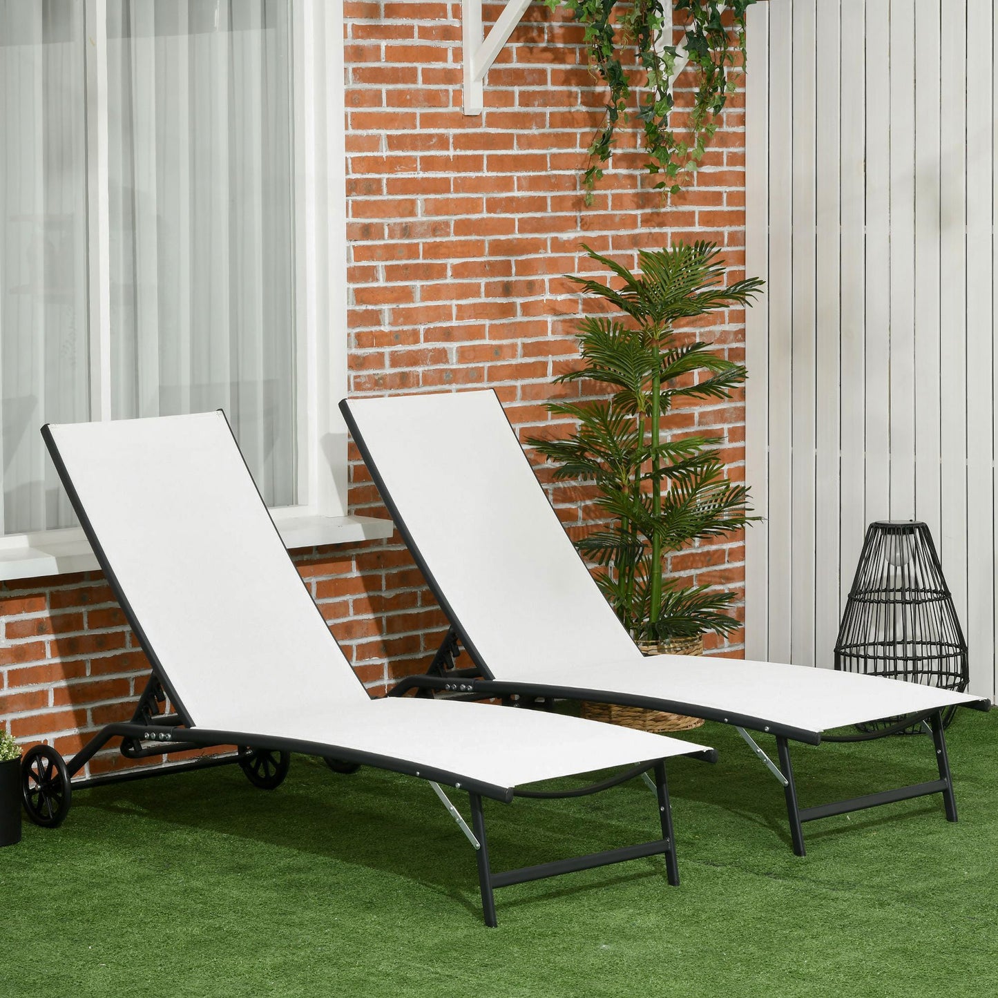 Lounge Chair Set of 2 with Wheels, Outdoor Chaise Lounge with 5-Level Adjustable Backrest for Garden, Backyard, Patio, Deck, Poolside, White