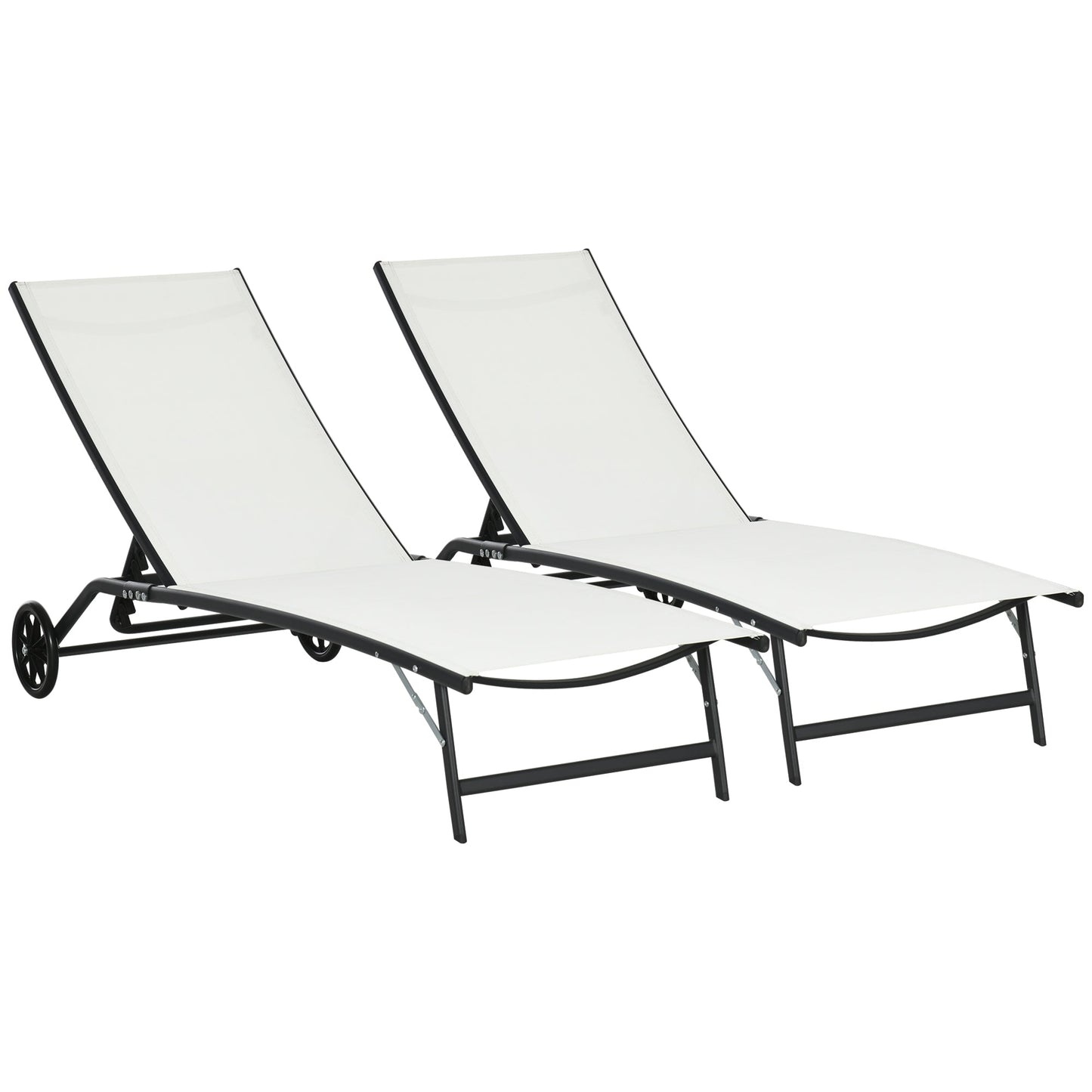 Lounge Chair Set of 2 with Wheels, Outdoor Chaise Lounge with 5-Level Adjustable Backrest for Garden, Backyard, Patio, Deck, Poolside, White