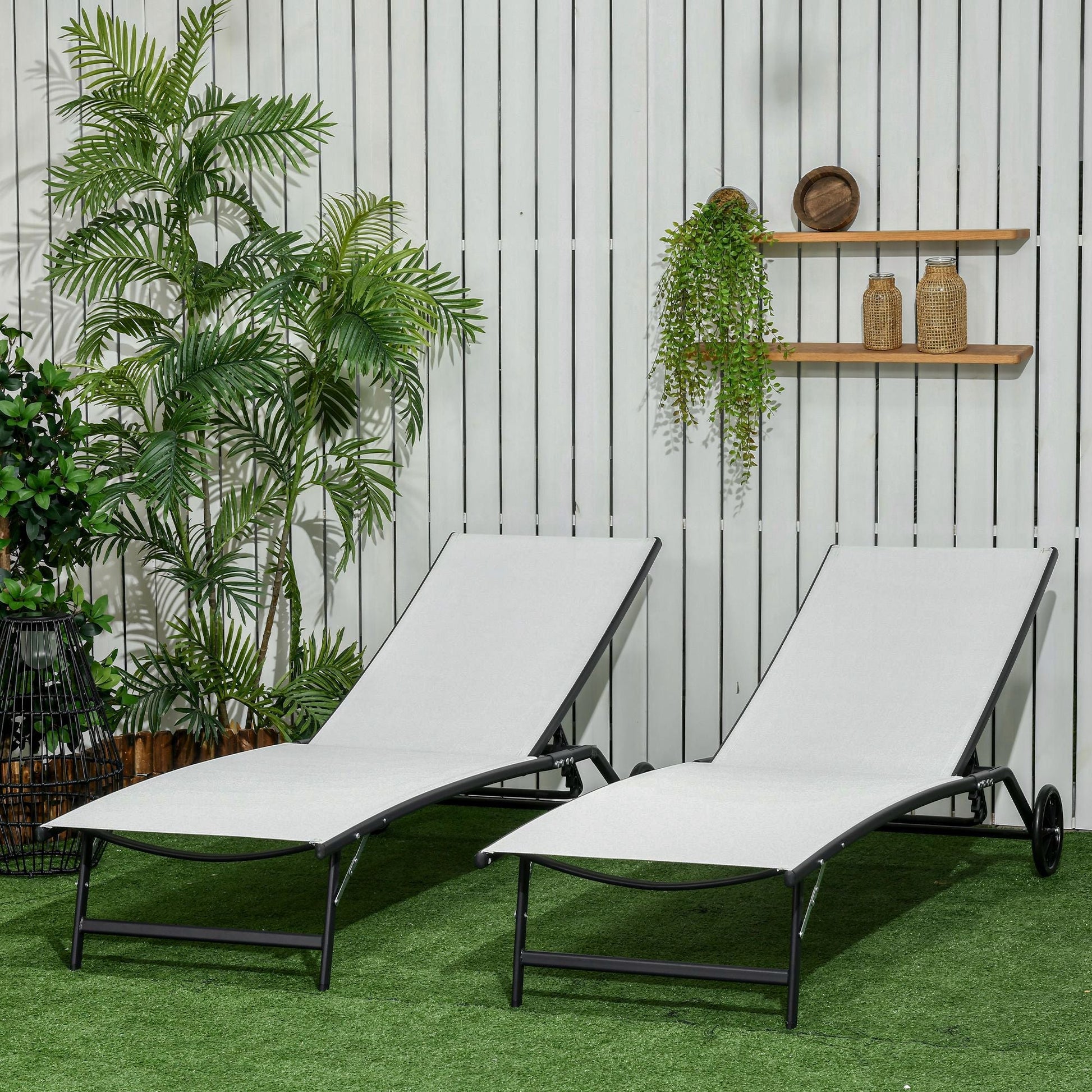 Lounge Chair Set of 2 with Wheels, Outdoor Chaise Lounge with 5-Level Adjustable Backrest for Garden, Backyard, Patio, Deck, Poolside, White