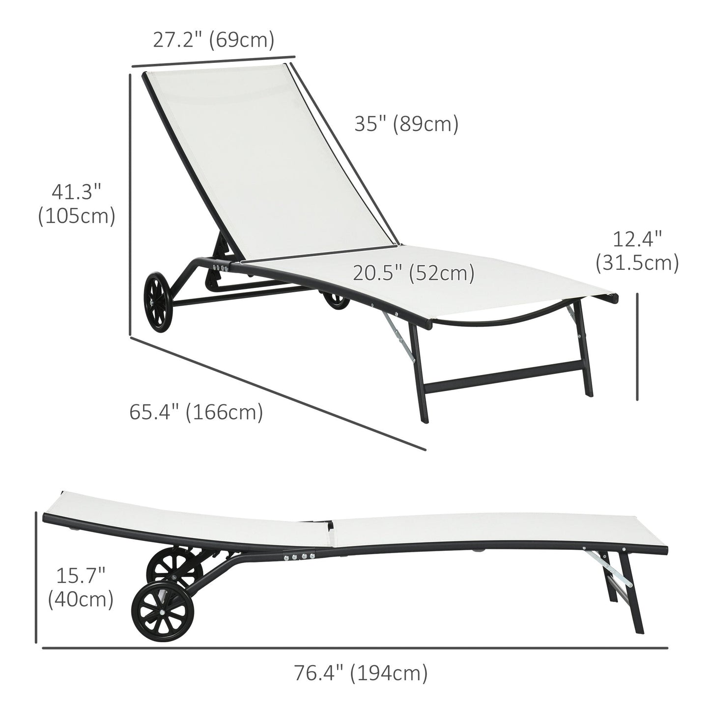 Lounge Chair Set of 2 with Wheels, Outdoor Chaise Lounge with 5-Level Adjustable Backrest for Garden, Backyard, Patio, Deck, Poolside, White