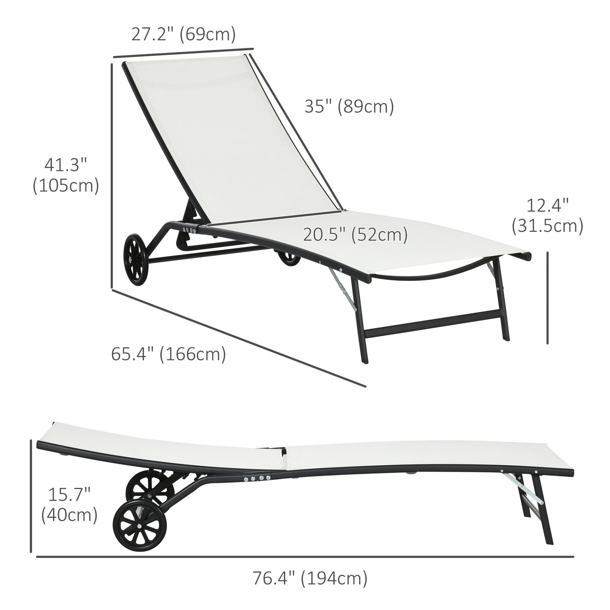Lounge Chair Set of 2 with Wheels, Outdoor Chaise Lounge with 5-Level Adjustable Backrest for Garden, Backyard, Patio, Deck, Poolside, White