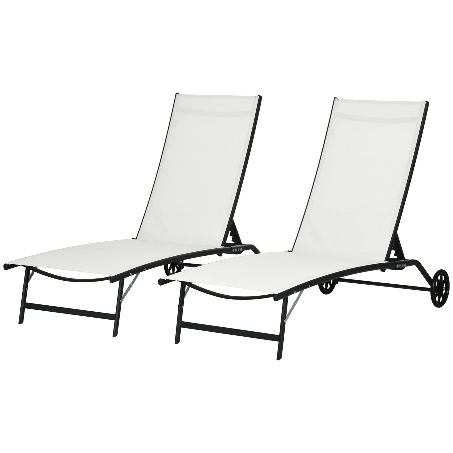 Lounge Chair Set of 2 with Wheels, Outdoor Chaise Lounge with 5-Level Adjustable Backrest for Garden, Backyard, Patio, Deck, Poolside, White