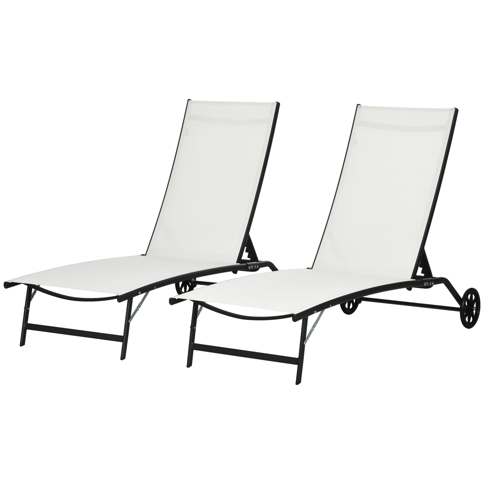 Lounge Chair Set of 2 with Wheels, Outdoor Chaise Lounge with 5-Level Adjustable Backrest for Garden, Backyard, Patio, Deck, Poolside, White
