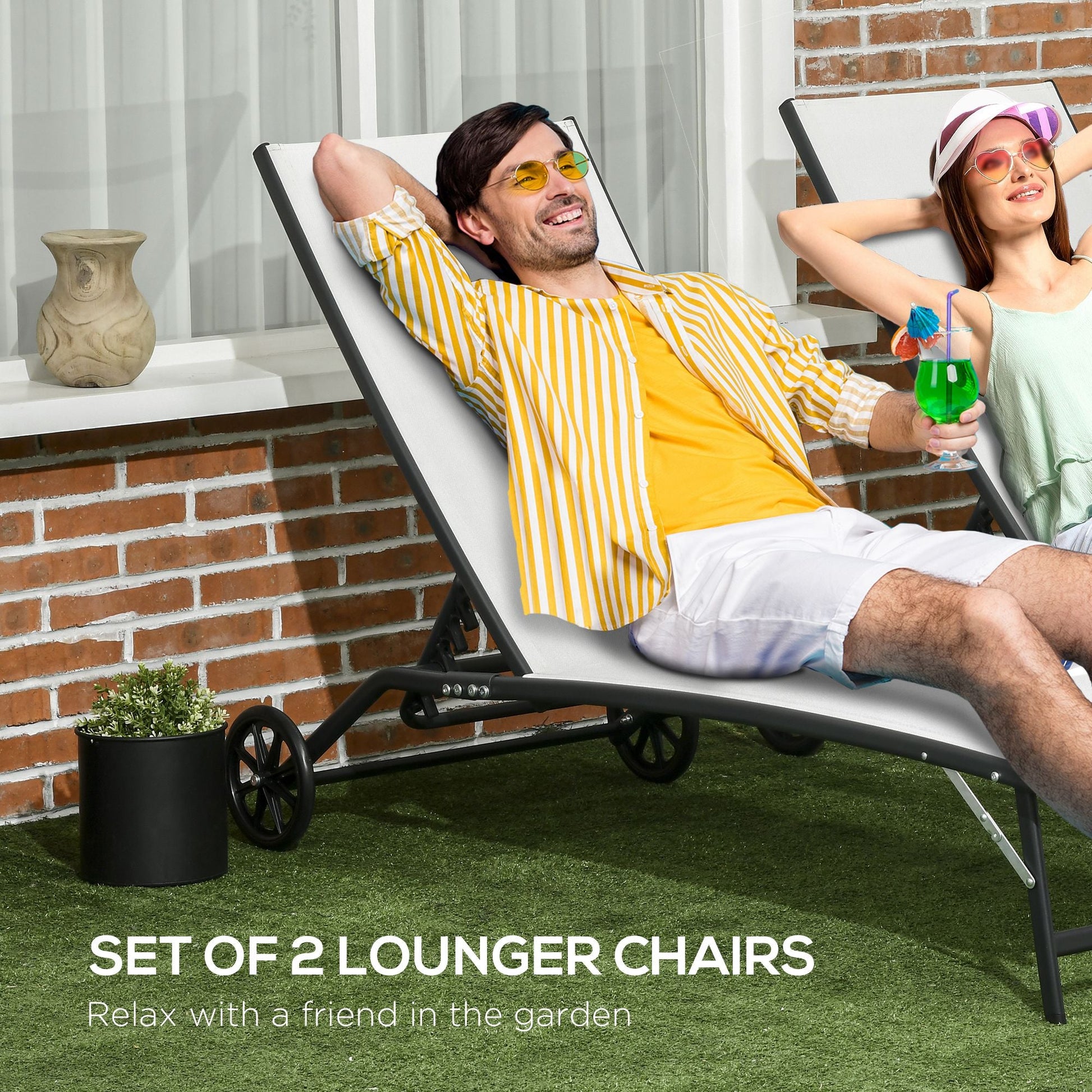 Lounge Chair Set of 2 with Wheels, Outdoor Chaise Lounge with 5-Level Adjustable Backrest for Garden, Backyard, Patio, Deck, Poolside, White