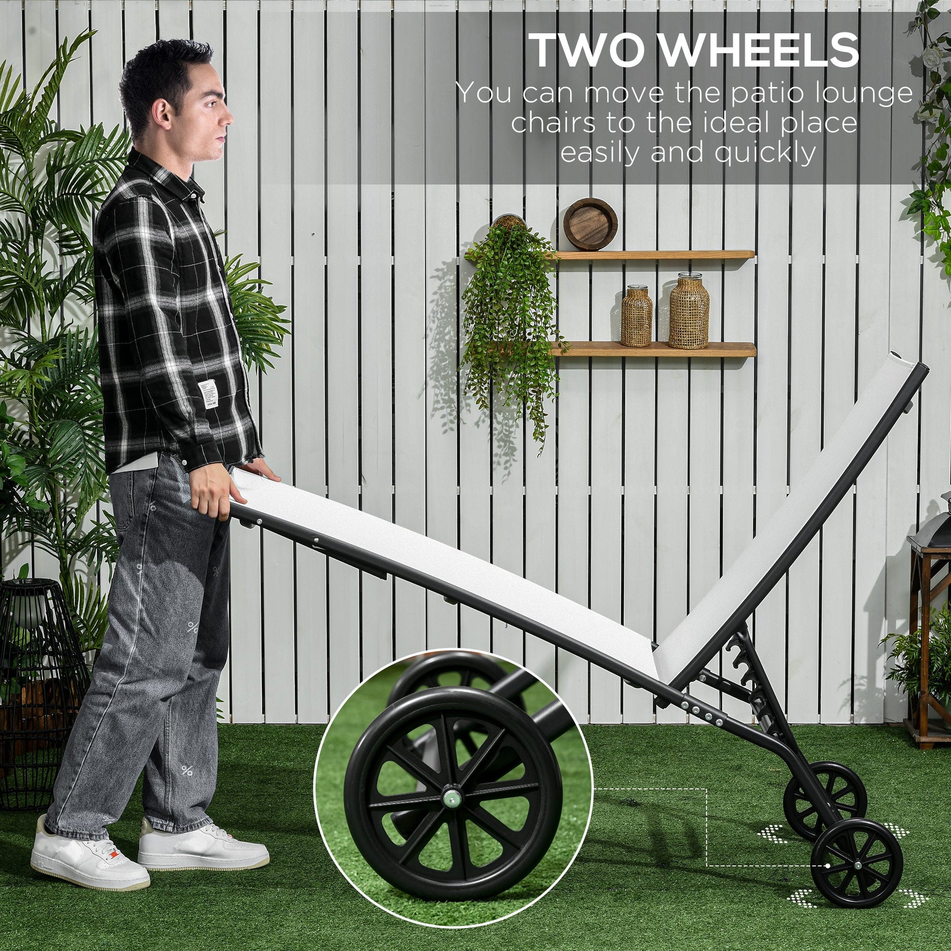 Lounge Chair Set of 2 with Wheels, Outdoor Chaise Lounge with 5-Level Adjustable Backrest for Garden, Backyard, Patio, Deck, Poolside, White