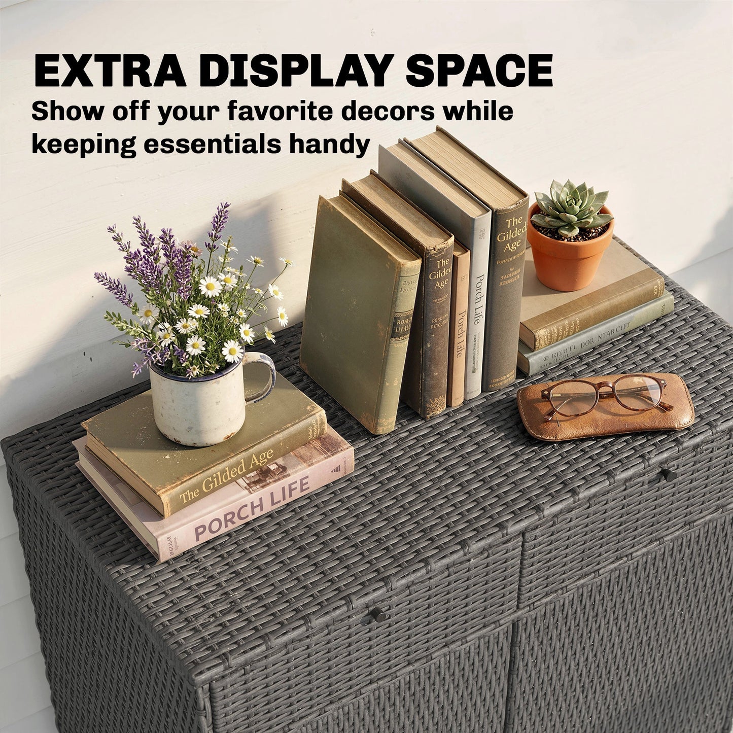 Wicker Outdoor Storage Cabinet, Double Door Patio Storage Cabinet with 2 Drawers and 2-Tier Shelves, PE Rattan Towel Rack Outdoor for Pool Garden Yard, Dark Grey