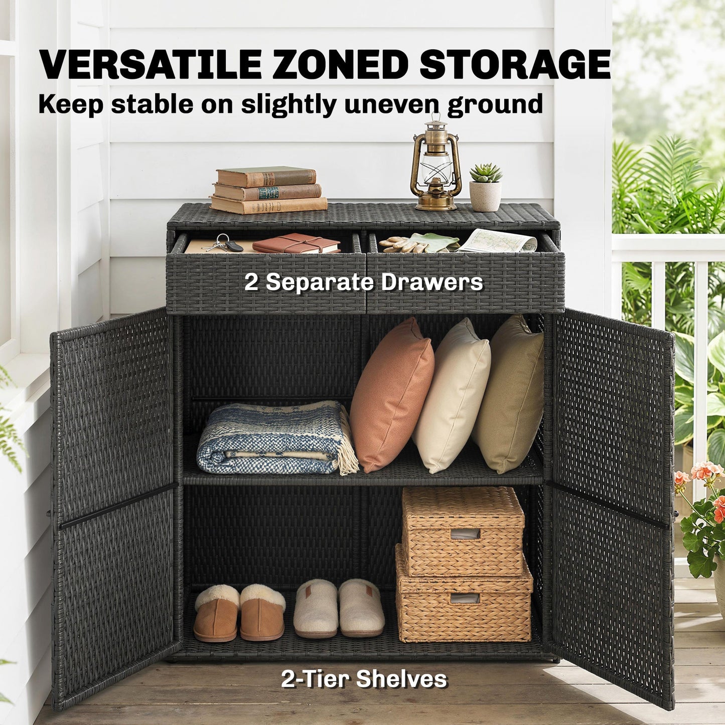 Wicker Outdoor Storage Cabinet, Double Door Patio Storage Cabinet with 2 Drawers and 2-Tier Shelves, PE Rattan Towel Rack Outdoor for Pool Garden Yard, Dark Grey