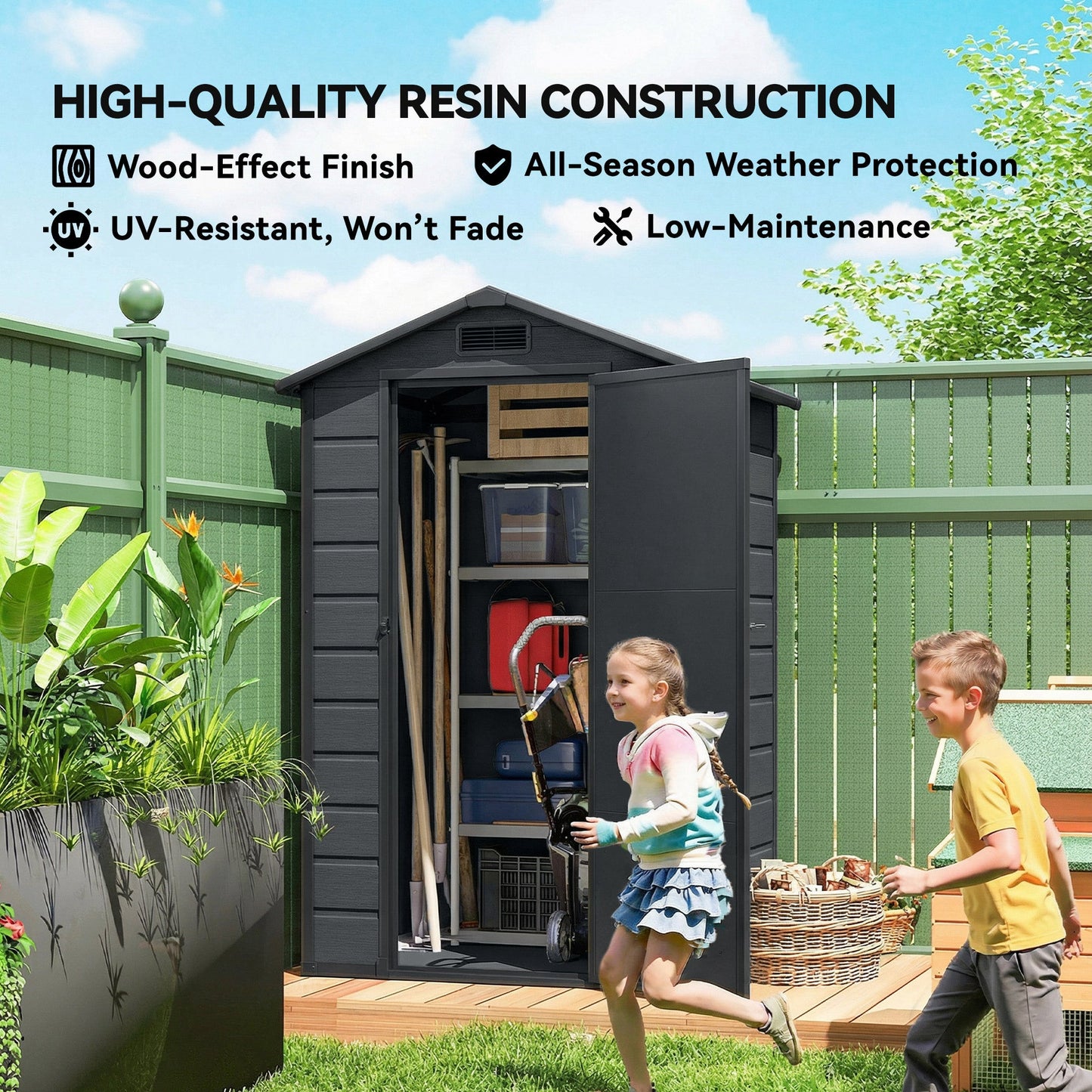 4' x 3' Plastic Garden Shed with Floor, Outdoor Storage Shed with Lockable Door, Window and Vent for Backyard, Patio, Garage, Lawn, Dark Grey