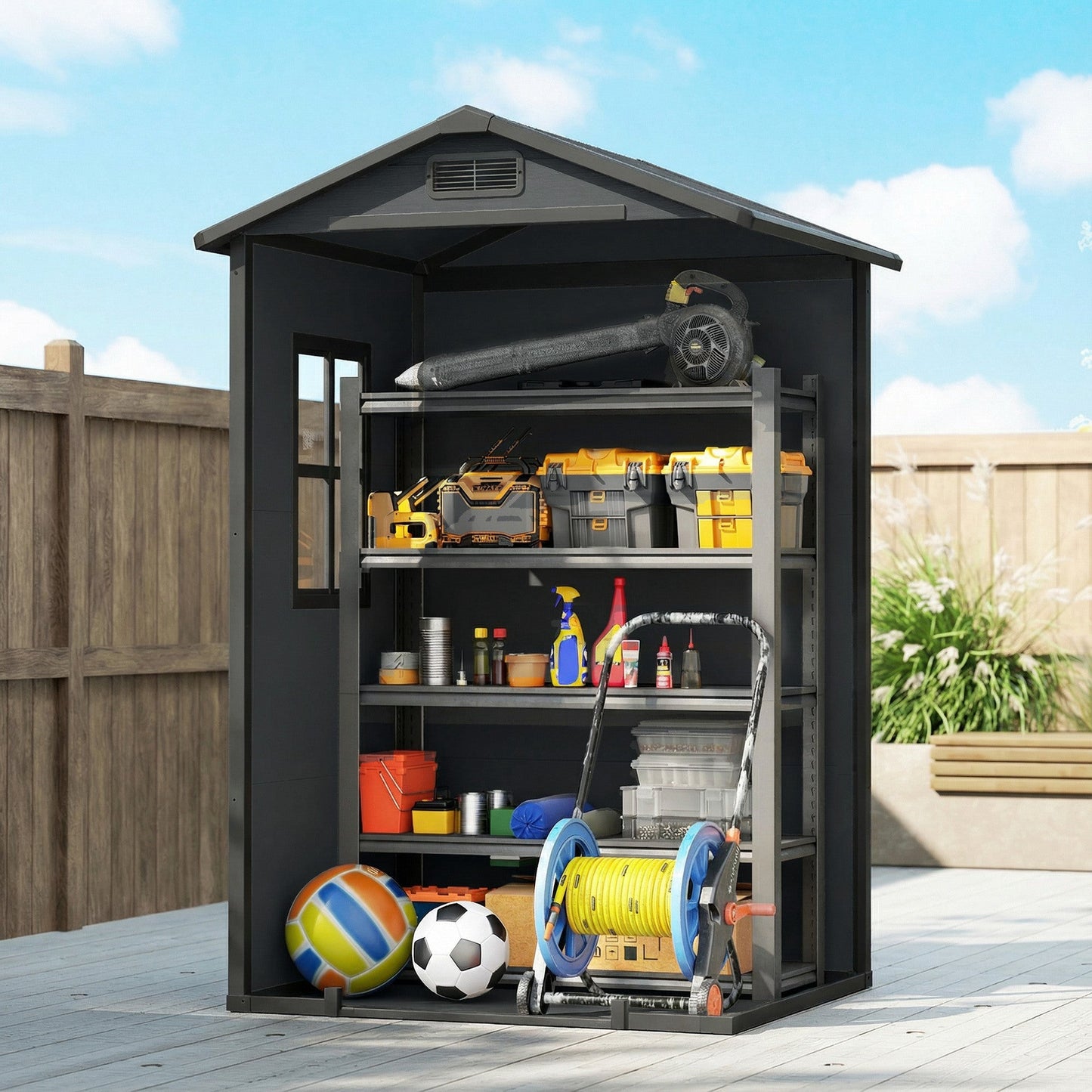 4' x 3' Plastic Garden Shed with Floor, Outdoor Storage Shed with Lockable Door, Window and Vent for Backyard, Patio, Garage, Lawn, Dark Grey