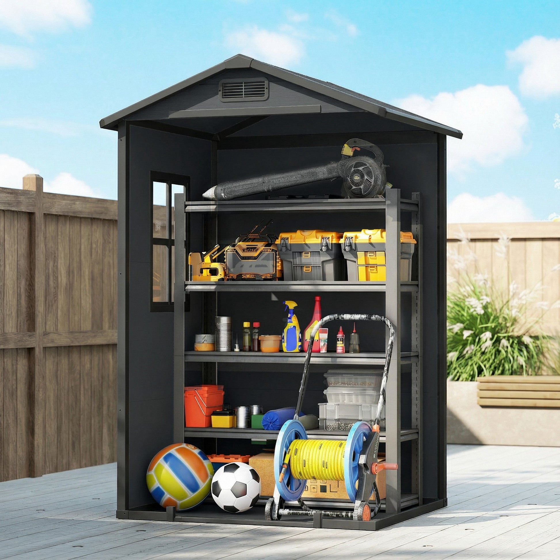 4' x 3' Plastic Garden Shed with Floor, Outdoor Storage Shed with Lockable Door, Window and Vent for Backyard, Patio, Garage, Lawn, Dark Grey