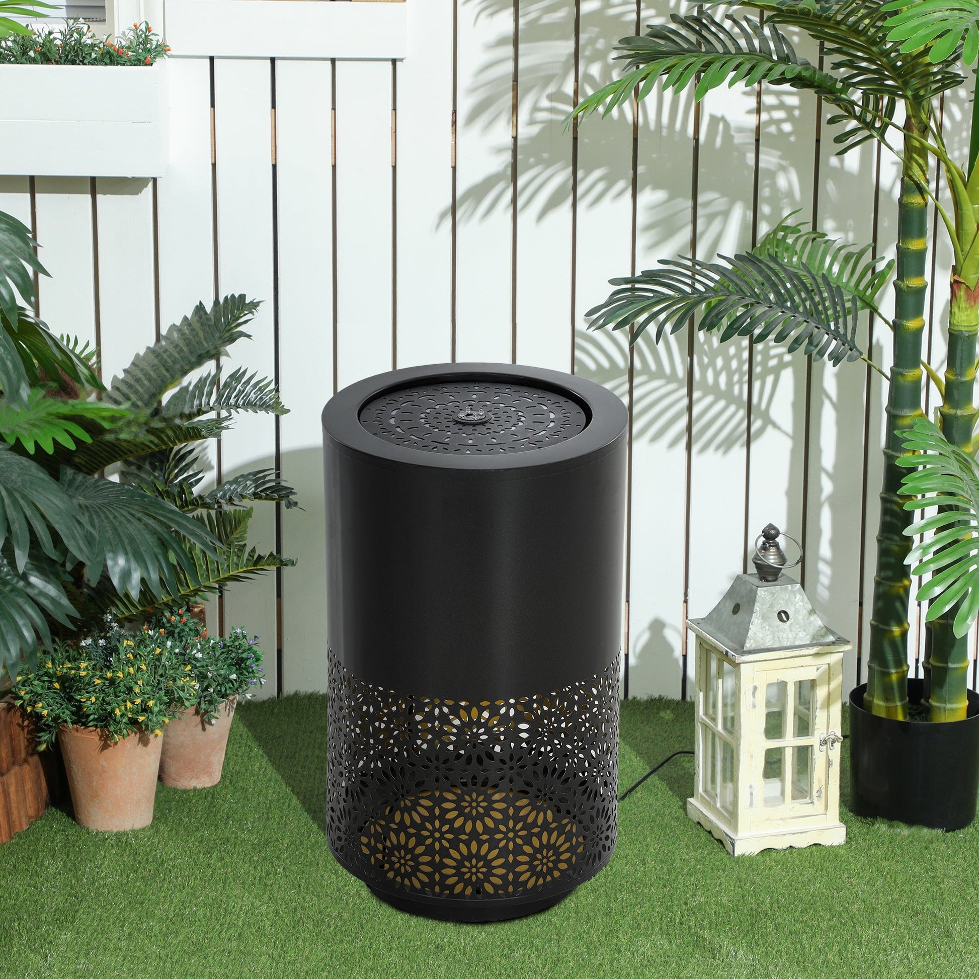 Outdoor Water Fountain with LED Lights, 21" Tall Garden Waterfall Fountain Water Feature with Adjustable Flow for Patio Porch Backyard Deck Decor, Black