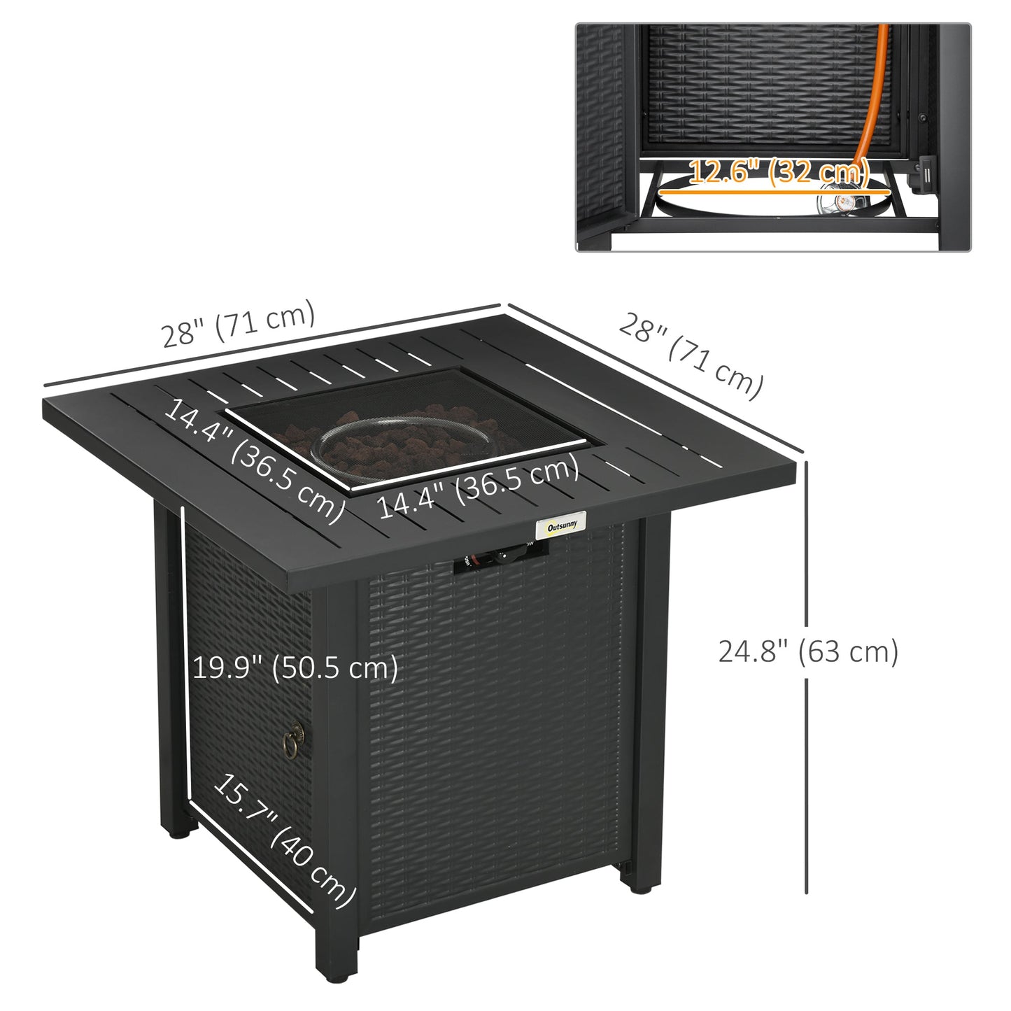 Rattan-style Propane Fire Pit Table with 40,000 BTU Burner, Square 28" Smokeless Gas Firepit with Thermocouple, Lava Rocks, Waterproof Cover, Spark Guard, and Lid