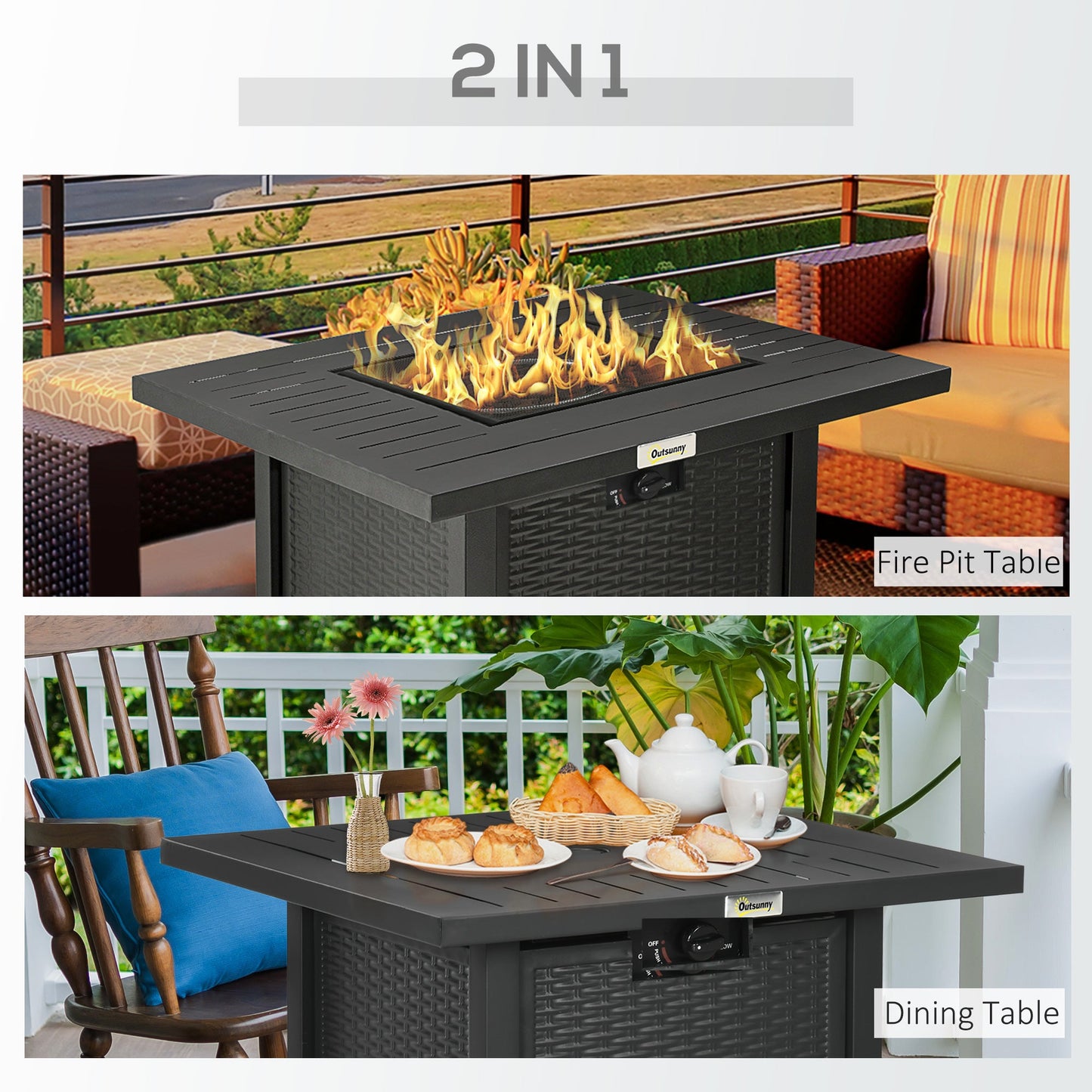 Rattan-style Propane Fire Pit Table with 40,000 BTU Burner, Square 28" Smokeless Gas Firepit with Thermocouple, Lava Rocks, Waterproof Cover, Spark Guard, and Lid