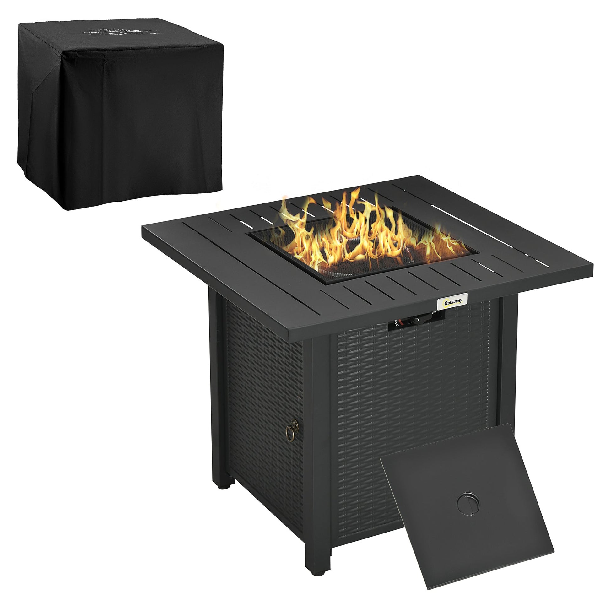 Rattan-style Propane Fire Pit Table with 40,000 BTU Burner, Square 28" Smokeless Gas Firepit with Thermocouple, Lava Rocks, Waterproof Cover, Spark Guard, and Lid