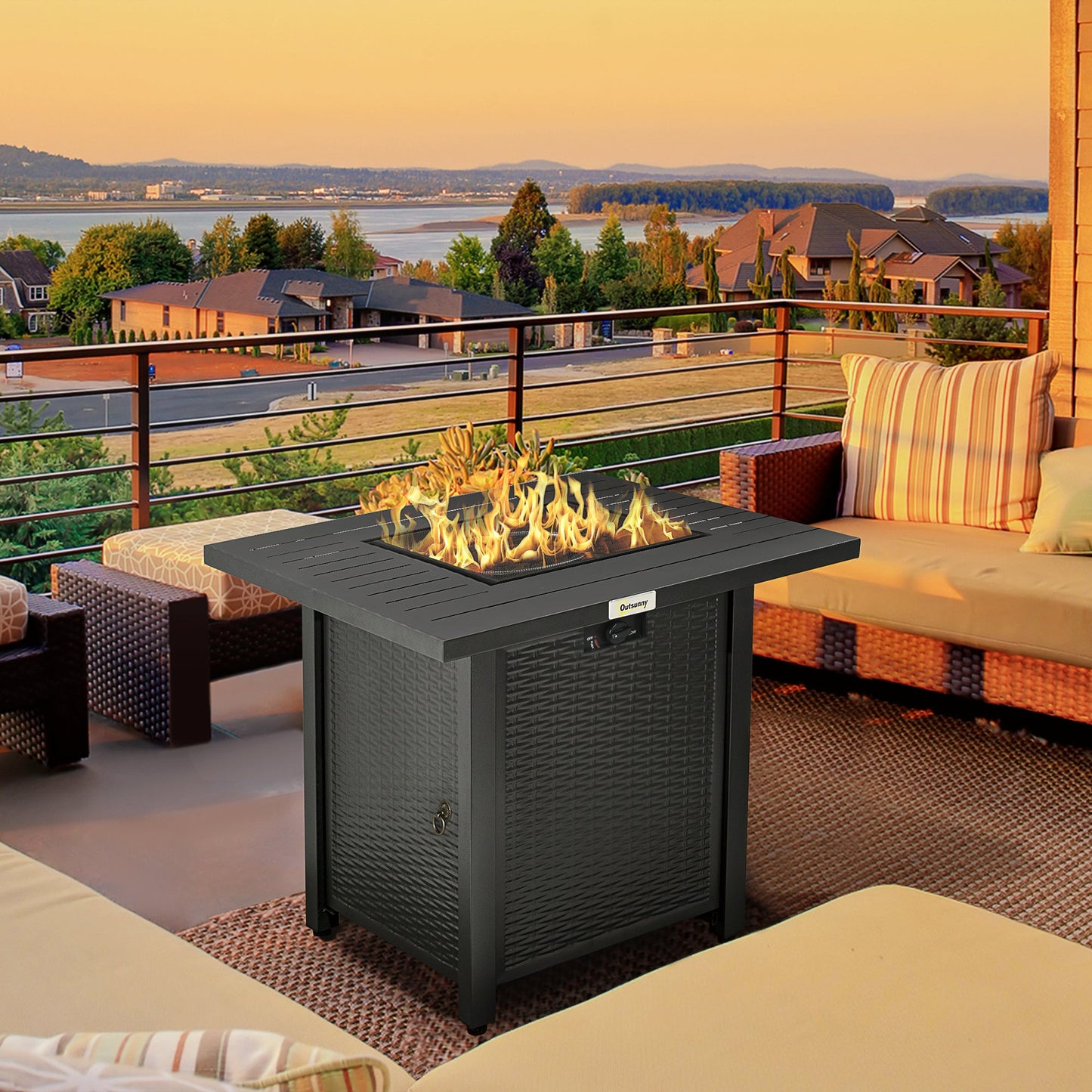 Rattan-style Propane Fire Pit Table with 40,000 BTU Burner, Square 28" Smokeless Gas Firepit with Thermocouple, Lava Rocks, Waterproof Cover, Spark Guard, and Lid