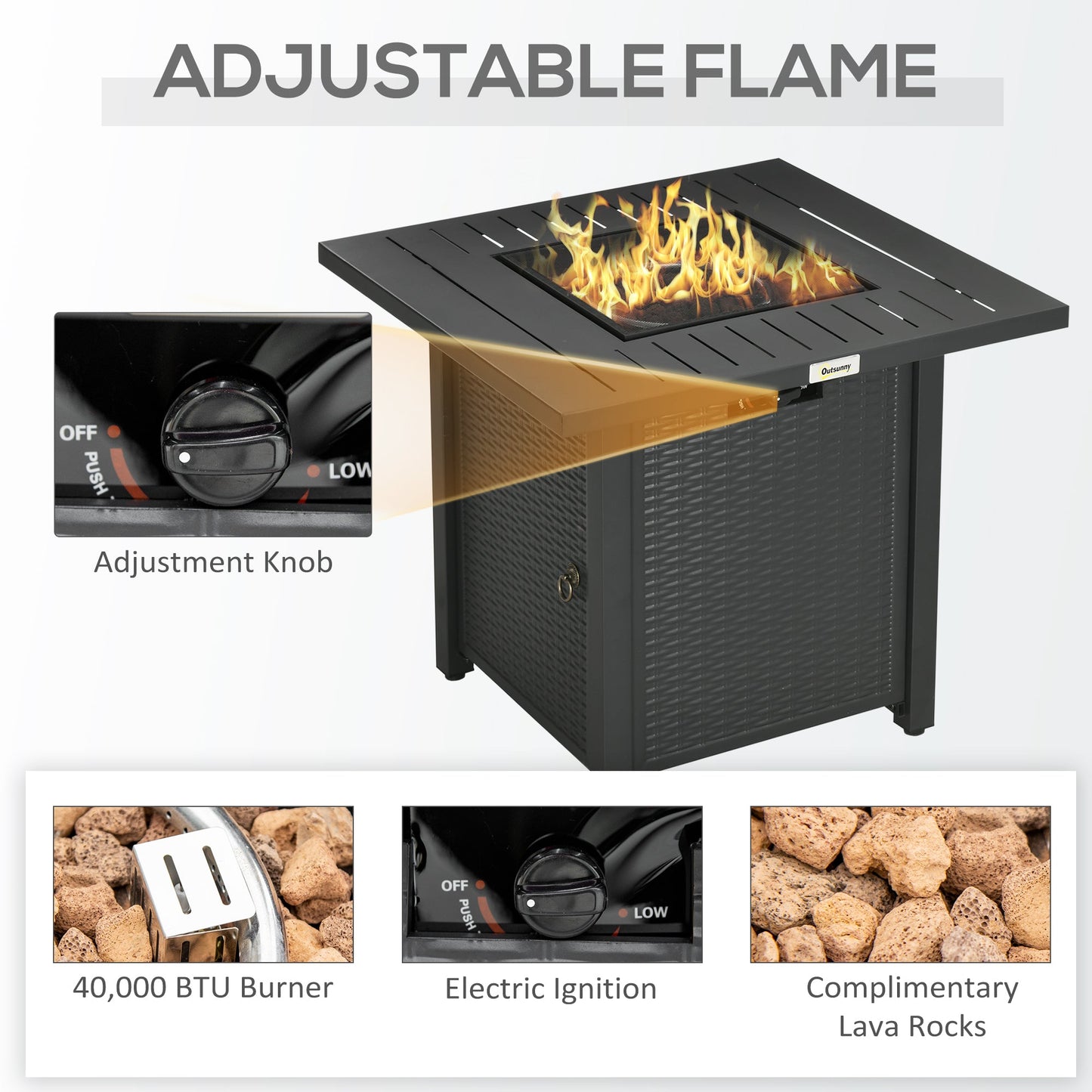 Rattan-style Propane Fire Pit Table with 40,000 BTU Burner, Square 28" Smokeless Gas Firepit with Thermocouple, Lava Rocks, Waterproof Cover, Spark Guard, and Lid