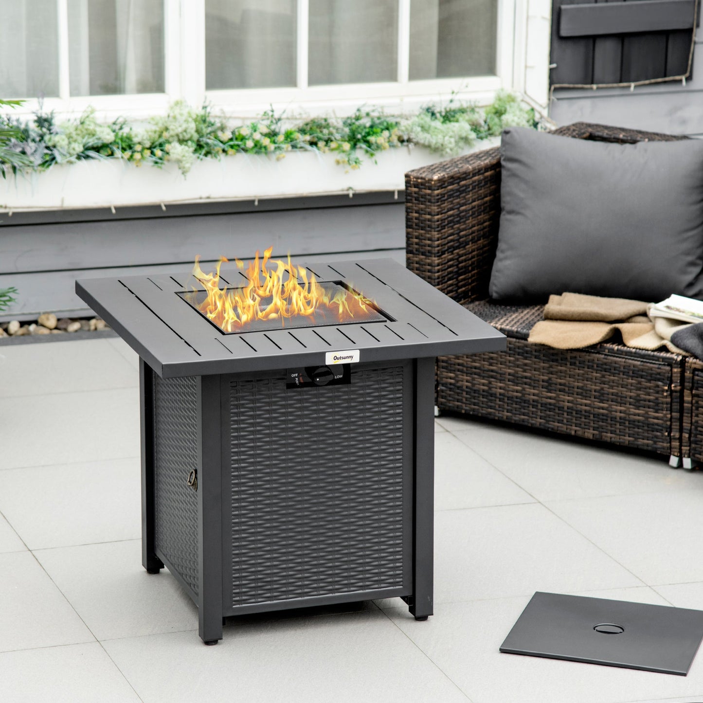 Rattan-style Propane Fire Pit Table with 40,000 BTU Burner, Square 28" Smokeless Gas Firepit with Thermocouple, Lava Rocks, Waterproof Cover, Spark Guard, and Lid