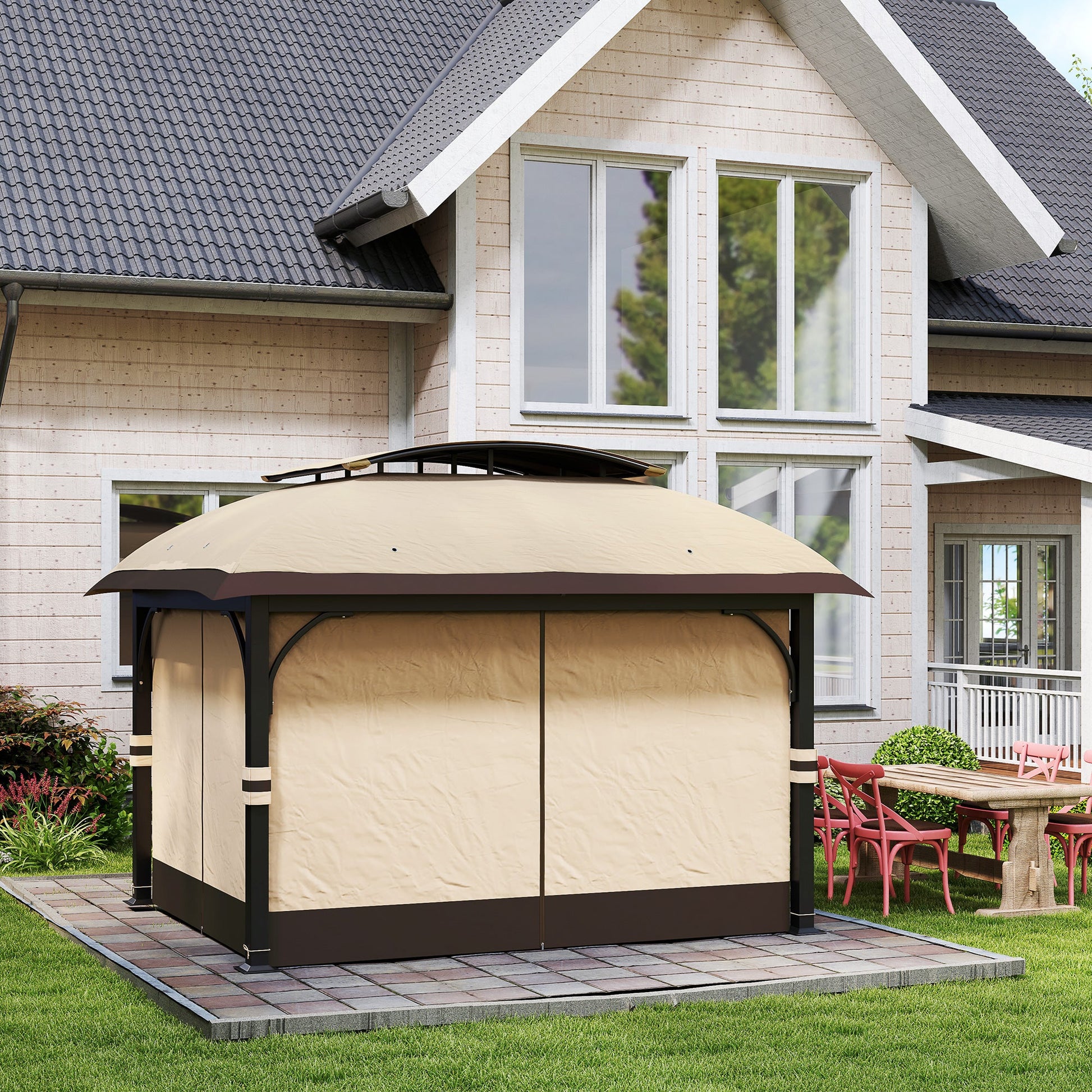  11' x 13' Patio Gazebo, Double Roof Outdoor Gazebo Canopy Shelter with Netting & Curtains, Galvanized Metal Frame for Garden, Lawn, Backyard and Deck, Khaki