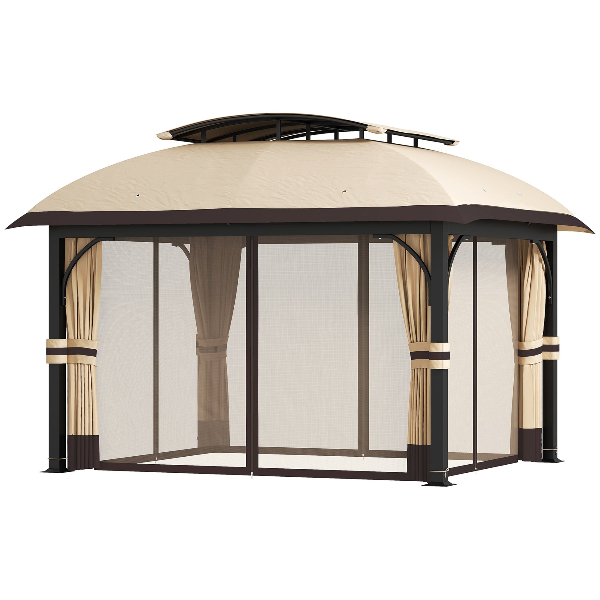 11' x 13' Patio Gazebo, Double Roof Outdoor Gazebo Canopy Shelter with Netting & Curtains, Galvanized Metal Frame for Garden, Lawn, Backyard and Deck, Khaki