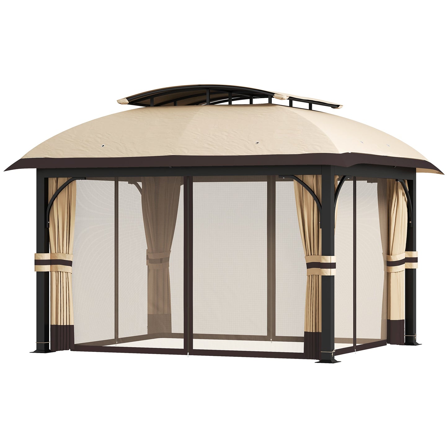  11' x 13' Patio Gazebo, Double Roof Outdoor Gazebo Canopy Shelter with Netting & Curtains, Galvanized Metal Frame for Garden, Lawn, Backyard and Deck, Khaki