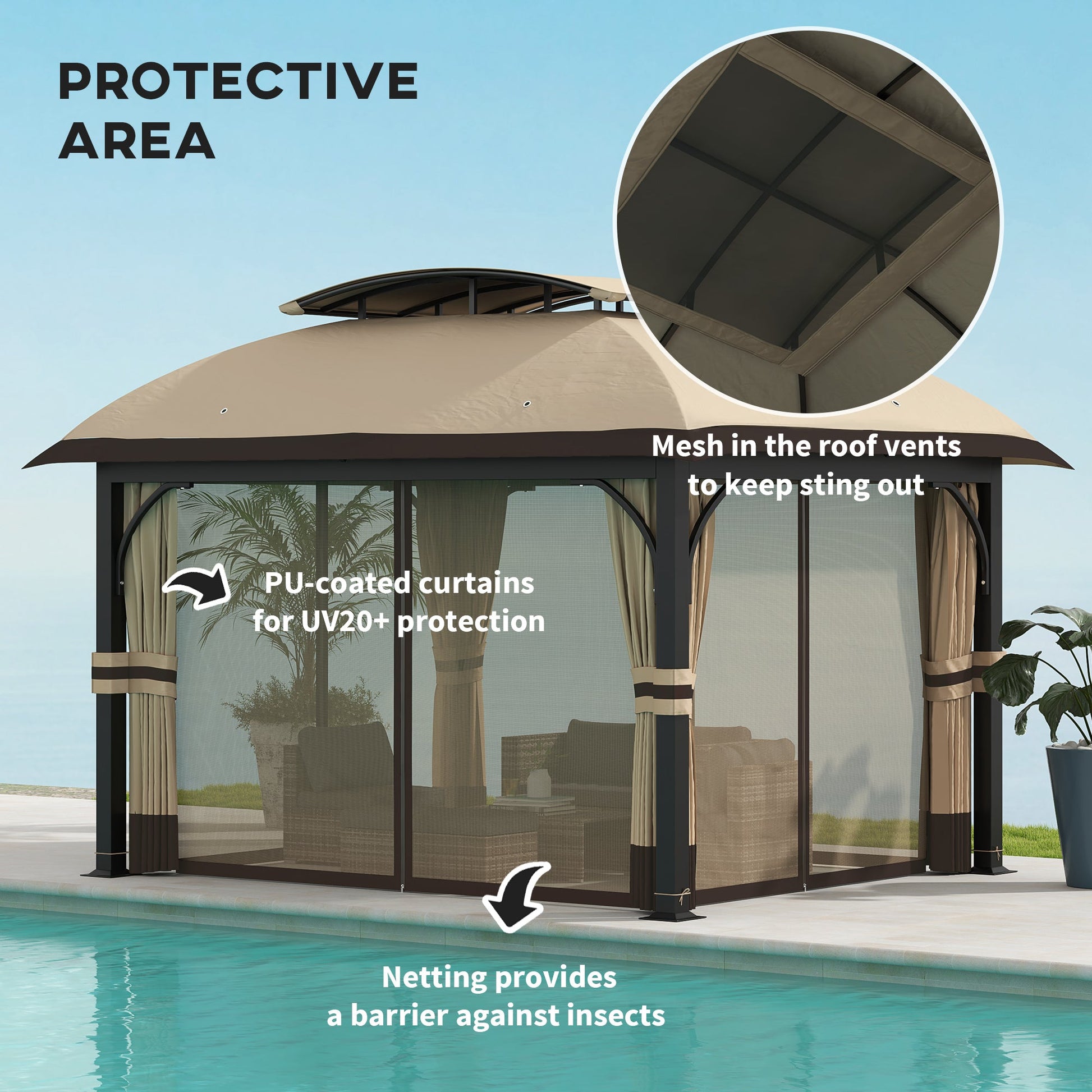  11' x 13' Patio Gazebo, Double Roof Outdoor Gazebo Canopy Shelter with Netting & Curtains, Galvanized Metal Frame for Garden, Lawn, Backyard and Deck, Khaki