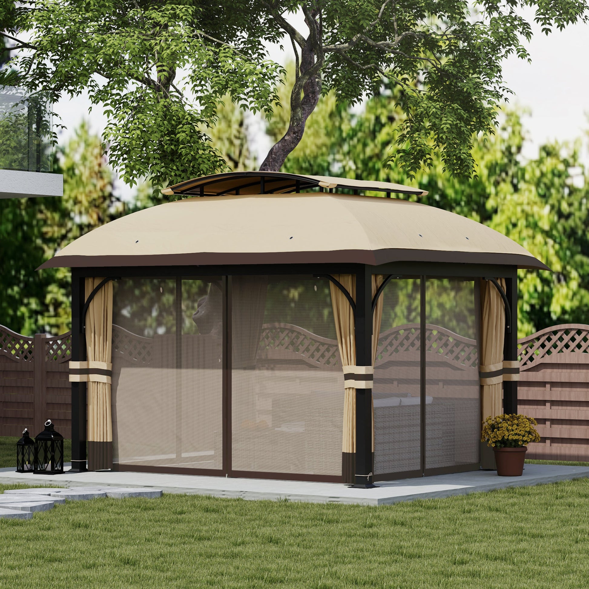  11' x 13' Patio Gazebo, Double Roof Outdoor Gazebo Canopy Shelter with Netting & Curtains, Galvanized Metal Frame for Garden, Lawn, Backyard and Deck, Khaki