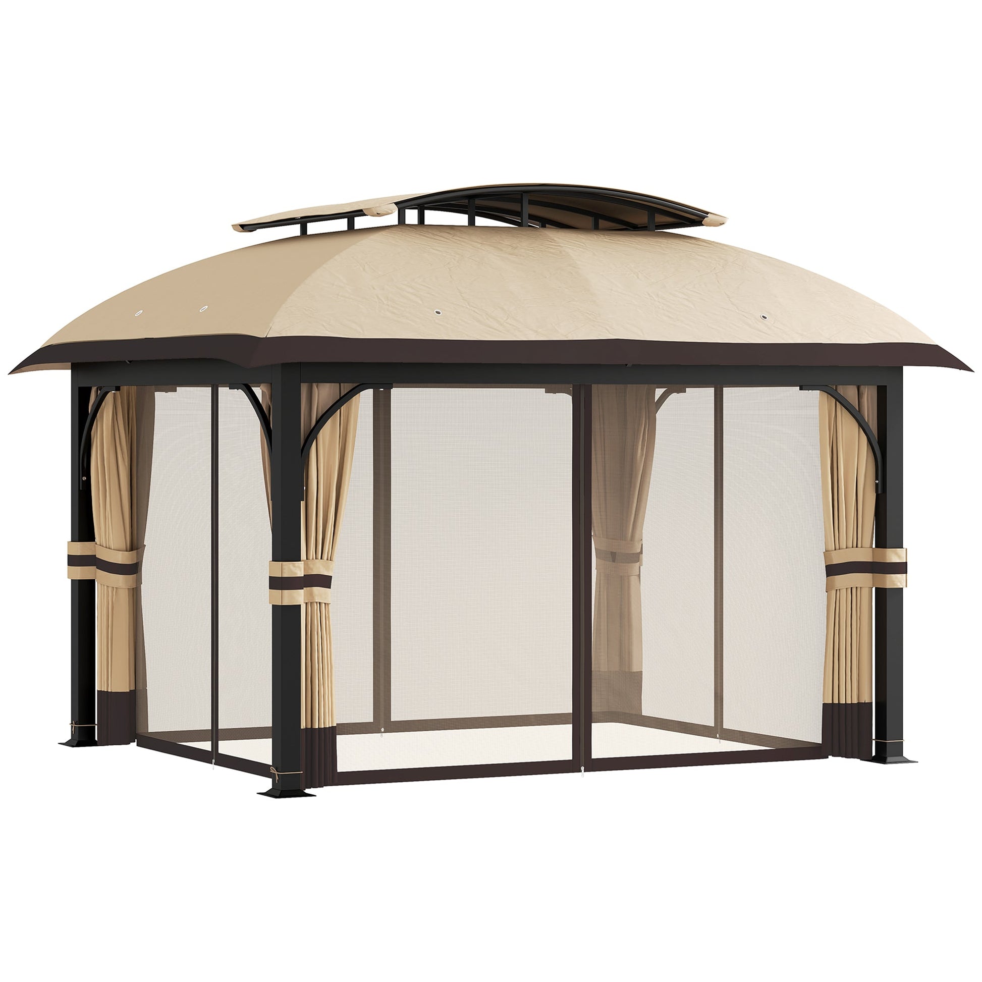  11' x 13' Patio Gazebo, Double Roof Outdoor Gazebo Canopy Shelter with Netting & Curtains, Galvanized Metal Frame for Garden, Lawn, Backyard and Deck, Khaki