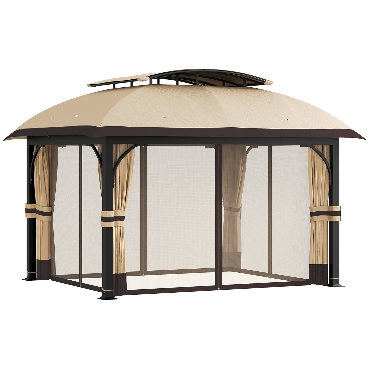 11' x 13' Patio Gazebo, Double Roof Outdoor Gazebo Canopy Shelter with Netting & Curtains, Galvanized Metal Frame for Garden, Lawn, Backyard and Deck, Khaki