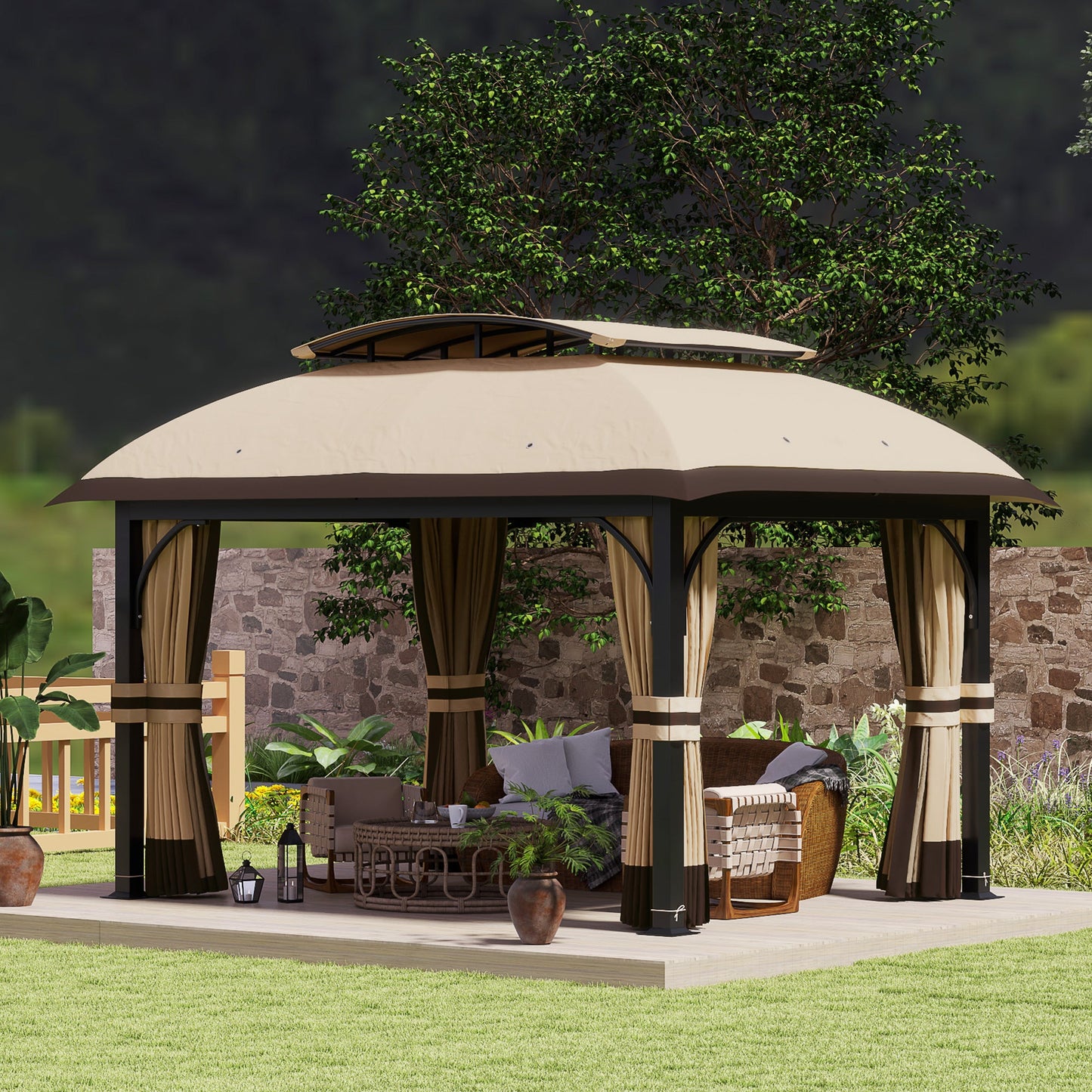  11' x 13' Patio Gazebo, Double Roof Outdoor Gazebo Canopy Shelter with Netting & Curtains, Galvanized Metal Frame for Garden, Lawn, Backyard and Deck, Khaki