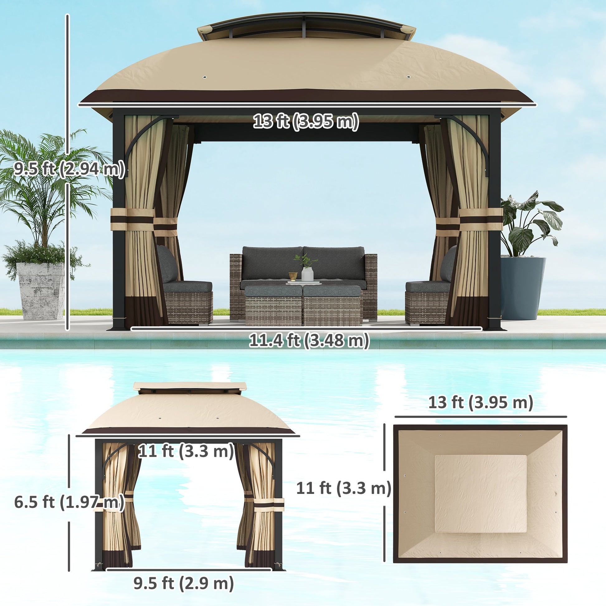  11' x 13' Patio Gazebo, Double Roof Outdoor Gazebo Canopy Shelter with Netting & Curtains, Galvanized Metal Frame for Garden, Lawn, Backyard and Deck, Khaki