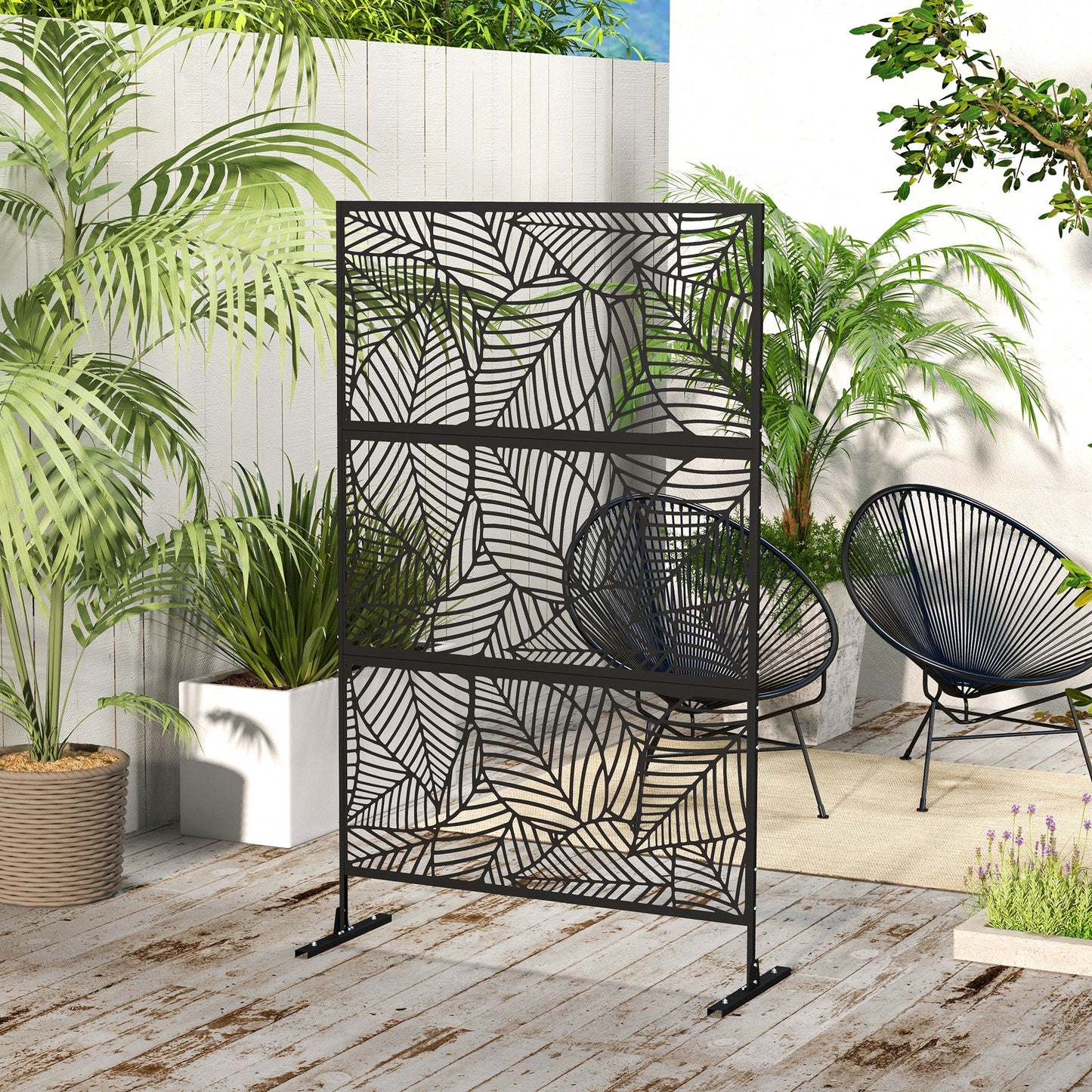 Metal Outdoor Privacy Screen, Decorative Outdoor Divider with Stand and Expansion Screws, Freestanding Privacy Panel for Garden, Backyard, Deck, Large Leaf Style, Black