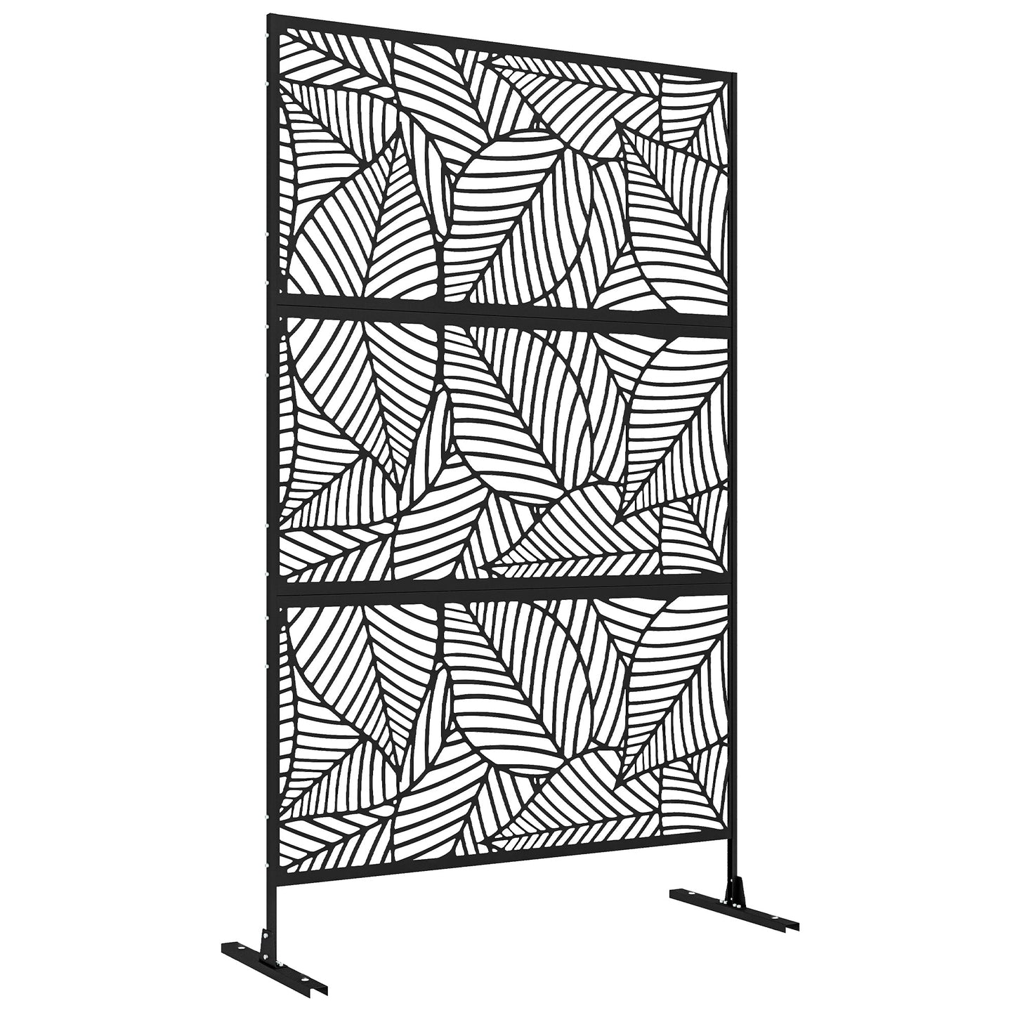 Metal Outdoor Privacy Screen, Decorative Outdoor Divider with Stand and Expansion Screws, Freestanding Privacy Panel for Garden, Backyard, Deck, Large Leaf Style, Black