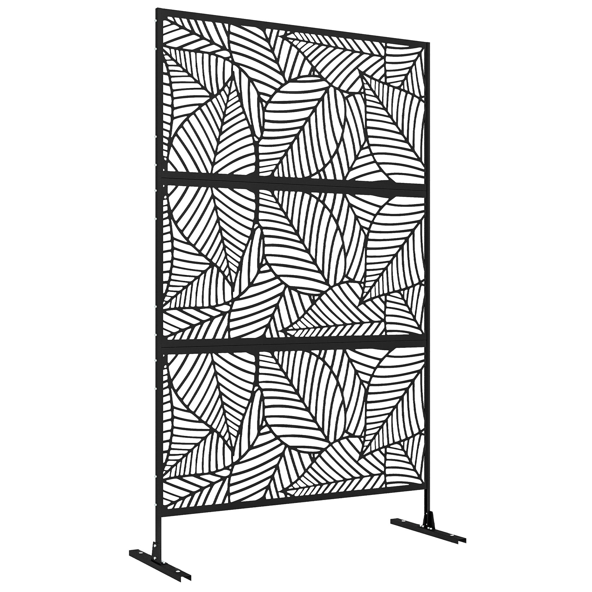 Metal Outdoor Privacy Screen, Decorative Outdoor Divider with Stand and Expansion Screws, Freestanding Privacy Panel for Garden, Backyard, Deck, Large Leaf Style, Black