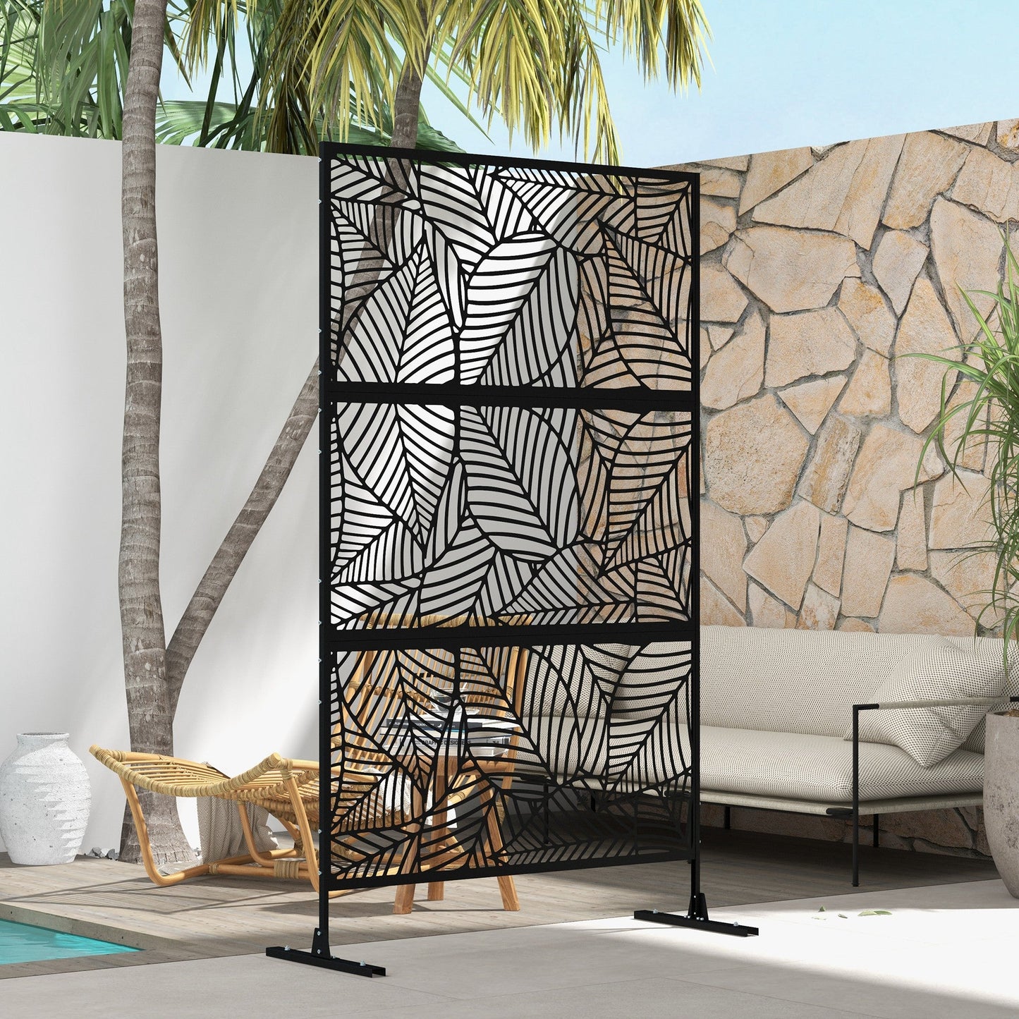Metal Outdoor Privacy Screen, Decorative Outdoor Divider with Stand and Expansion Screws, Freestanding Privacy Panel for Garden, Backyard, Deck, Large Leaf Style, Black